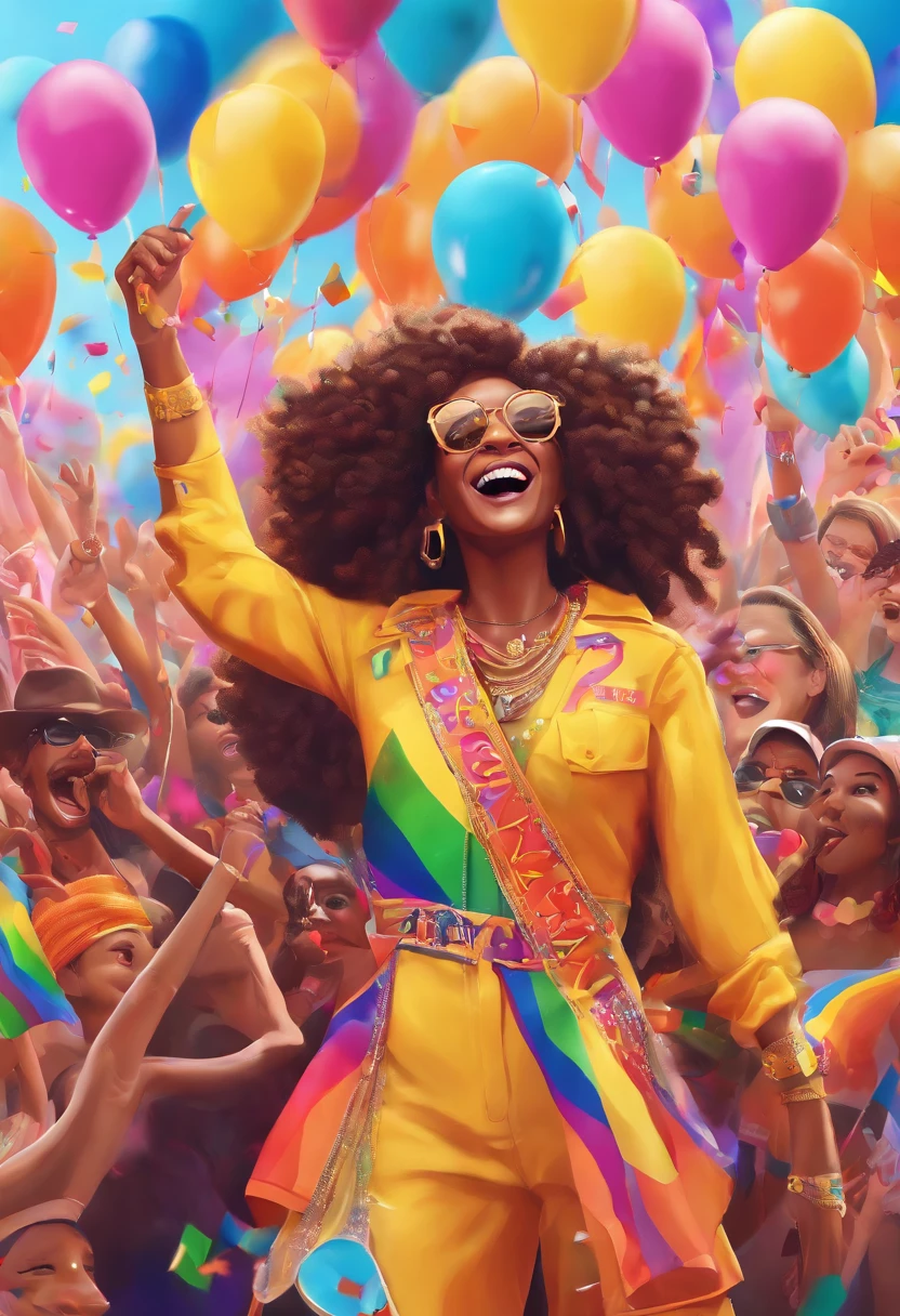 A Woman with a Rainbow Flag, belos olhos detalhados, Sorriso confiante, and vibrant personality is in the middle of a busy pride parade. She is surrounded by a diverse and passionate crowd that is celebrating love, inclusion, e igualdade. Colorful balloons, Giant floats, e pessoas com trajes vibrantes enchem as ruas, criando uma atmosfera animada e festiva. The air is filled with joy and excitement as music blows from the speakers and confetti fills the air. The art is created using a combination of illustration and photography. The medium used is a digital illustration with a touch of photo-realism, Enhancing the details and bringing the scene to life. The colors are vivid and vibrant, com uma ampla gama de matizes para capturar a diversidade e energia do desfile. The lighting is bright and sunny, casting a warm glow on the scene and highlighting the cheerful expressions on people's faces. Image quality is top-notch, with high resolution of 4k or 8k. Every detail is meticulously crafted, from the intricate patterns on the costumes to the reflections on the shiny floats. A obra de arte tem um estilo realista e foto realista, making it feel like a snapshot of a real-life celebration. The warning emphasizes the celebration of pride, The diversity of the crowd, e a atmosfera vibrante. It captures the essence of Marsha P. Johnson,The legacy and its contribution to the LGBTQ community+ movimento de direitos.