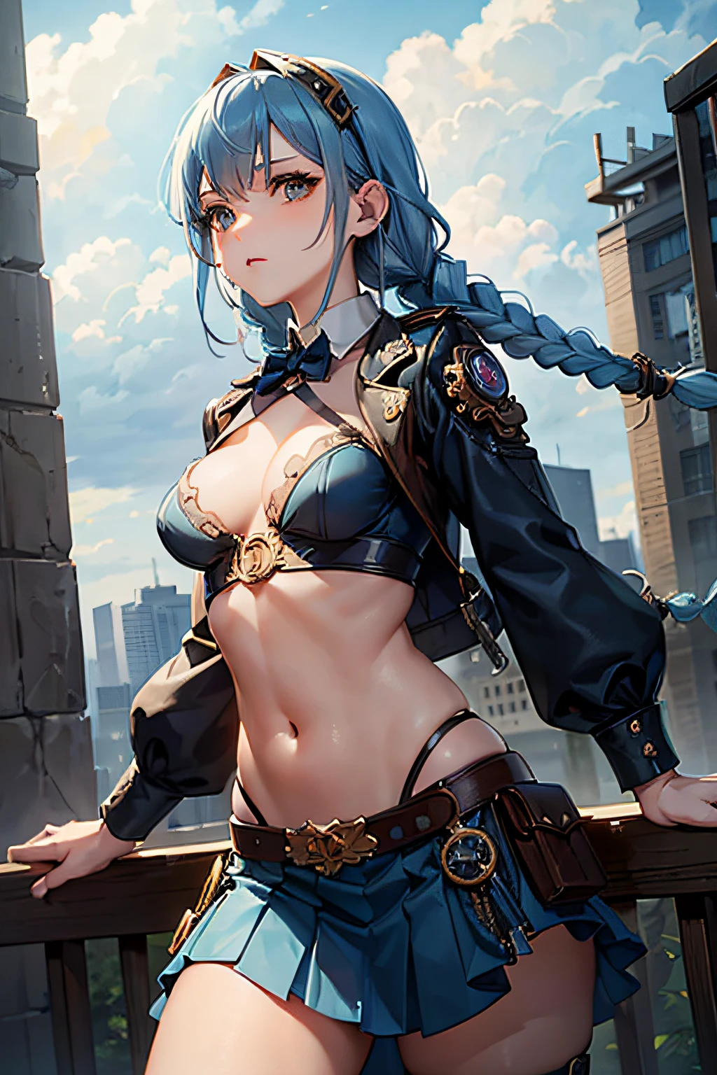 (best quality, masterpiece), 1girl, blue hair, braids, steampunk, gears, skirt, cutout above navel, small breasts, cloudy sky, sexy, tight
