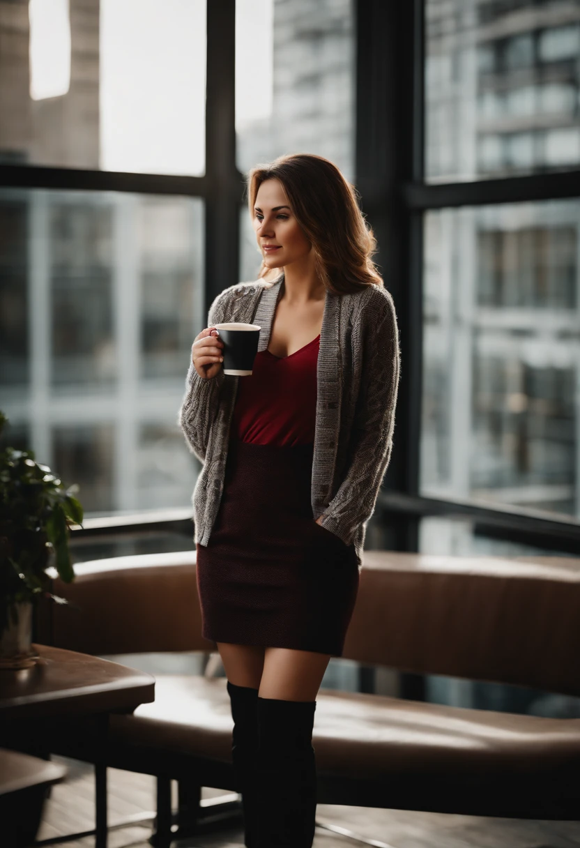 Indoors, portrait, a 30-year-old woman holding a coffee cup, black cropped knitted cardigan, arm:1, dark red narrow skirt with black plaid pattern, black knee-high suede boots, standing next to an office window, having big ass and big breasts