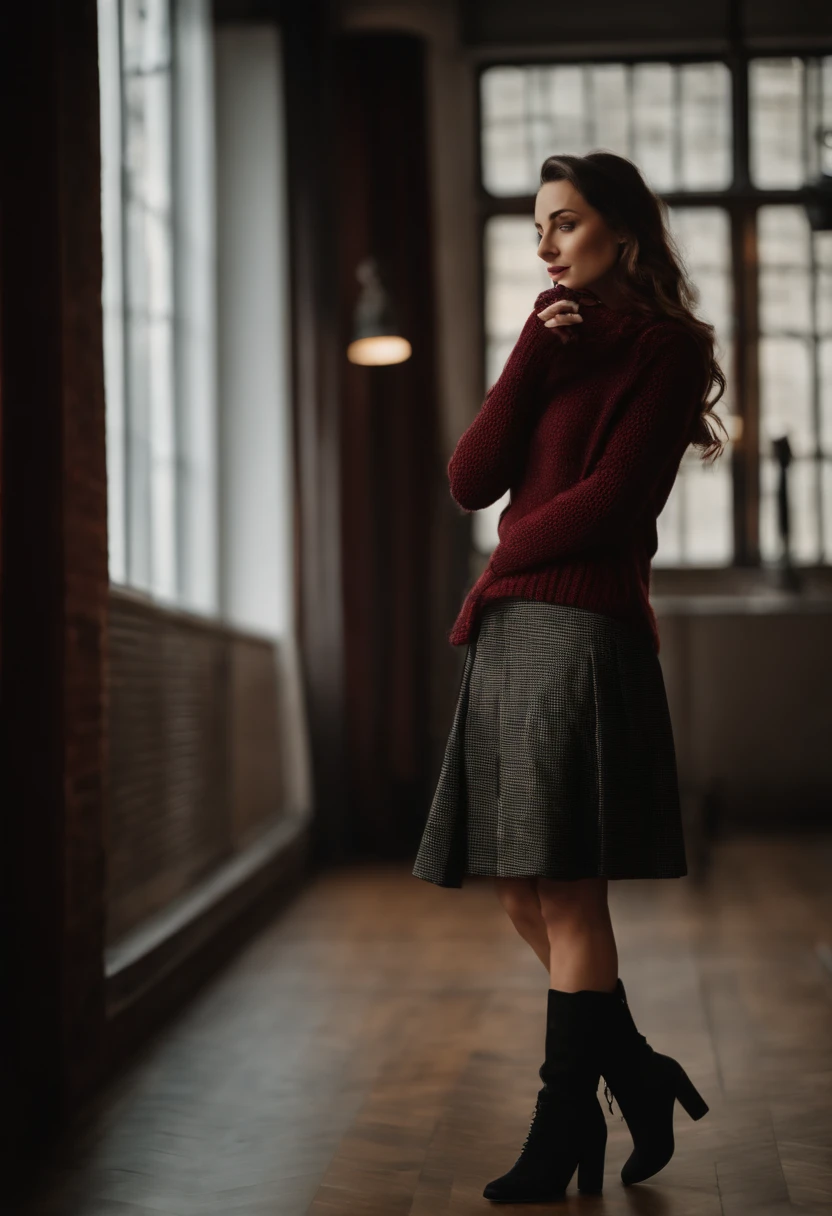 Indoors, portrait, a 30-year-old woman holding a coffee cup, black cropped knitted cardigan, arm:1, dark red narrow skirt with black plaid pattern, black knee-high suede boots, standing next to an office window, having big ass and big breasts