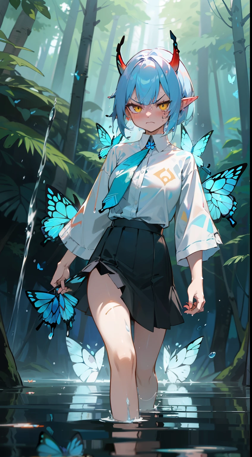 1oni girl,solo,(((angry face))),white shirt,black skirt,light blue hair, short hair,,yellow eyes,elve ear,mature female,red oni horns,medium tits,(((walking in a forest))),(((casting water magic, several bright blue butterflies around,hidden hands))),masterpiece,hd,4k