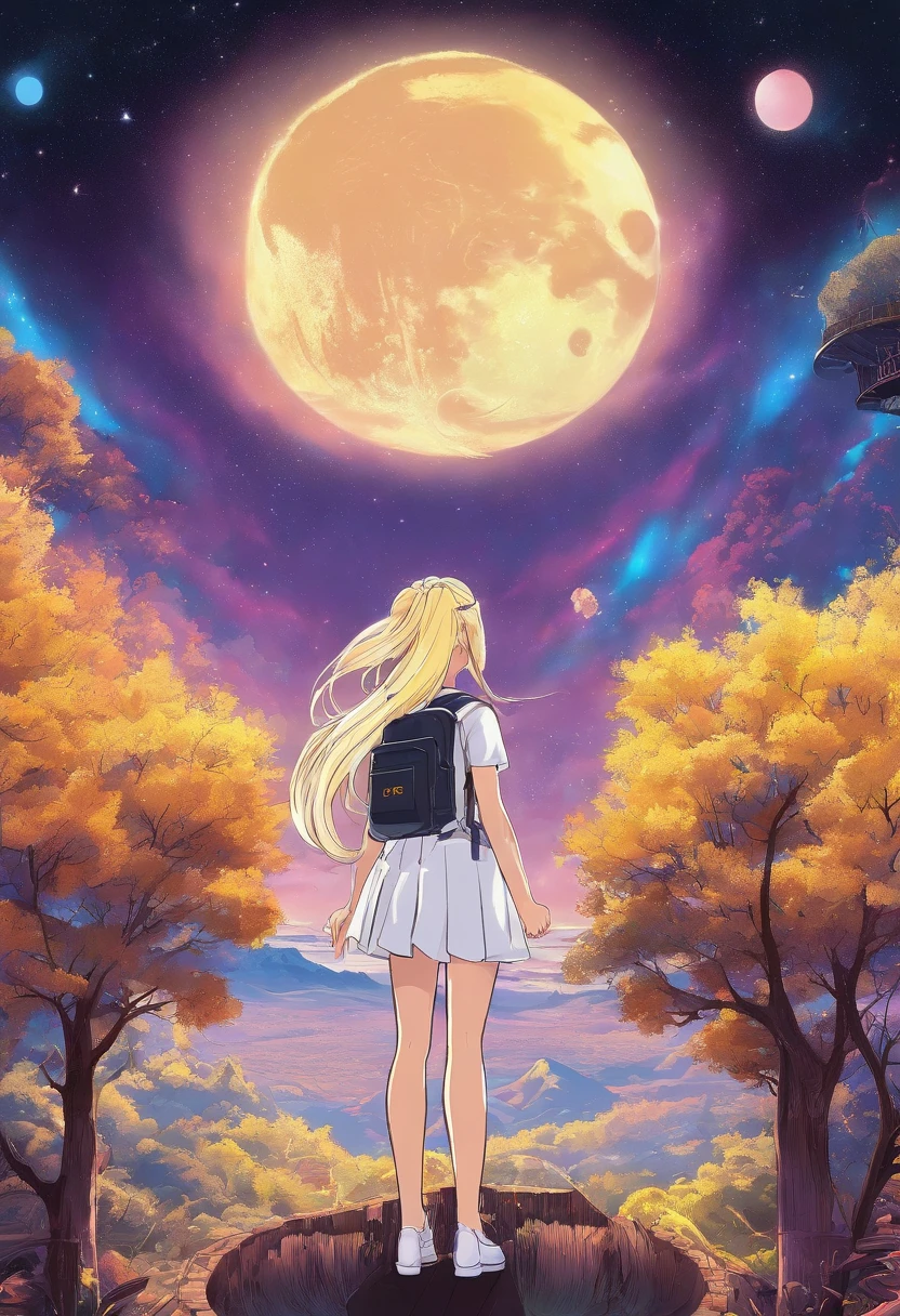 the night,A blonde girl with double ponytail and yellow eyes(Wear a short skirt school uniform)The back of a singing song standing on a treetop,The sky has a full moon