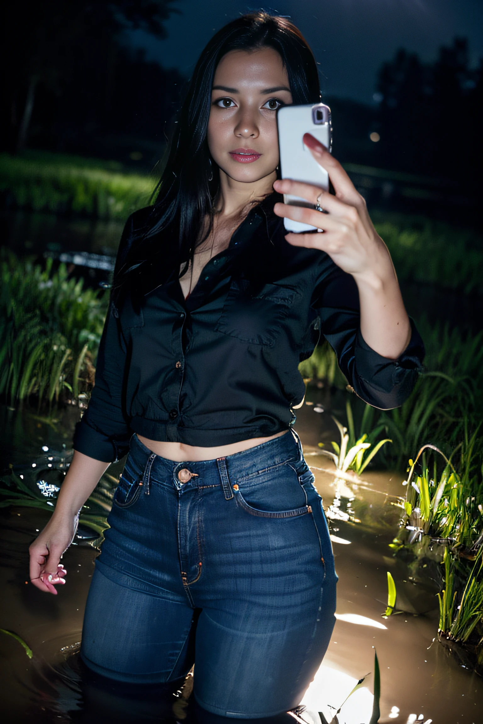 (selfie photo,pov photo:1.4).the night,Forest swamp.(Darkness around.Flash-only lighting when taking photos:1.3).lust,Recklessness,(drowning in a swamp:1.2).in the middle of the swamp,(Wide jeans),Tight blouse.