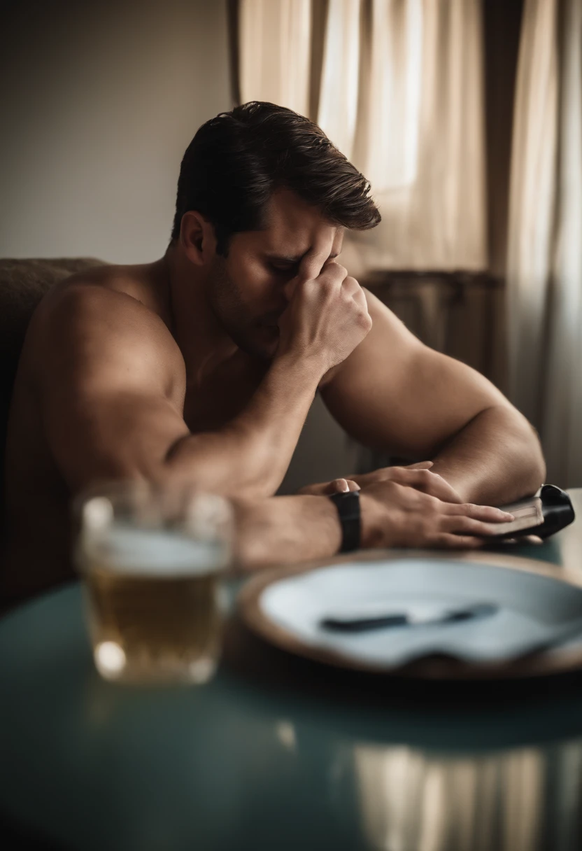 homem frustado, destruido, sad and alone, shirtless, upside down and hand covering his face, sitting in a chair that has a table in front of him, that has a cell phone on it, that is finished by everything he does;