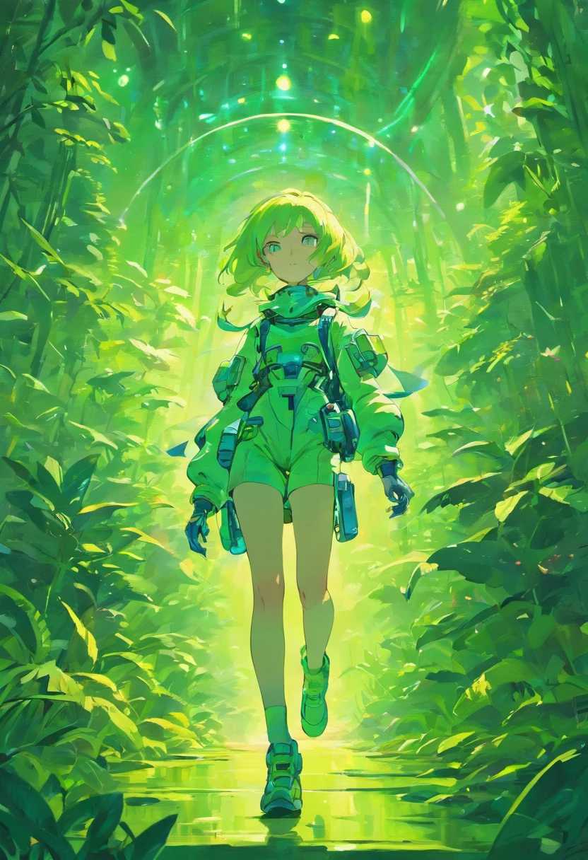 an astronaut travels through a lush, alien biome, on a trek searching for the Utopian society Rav. Cinematic, widescreen image. Dramatic details abound in a rainbow inspired envrionment.