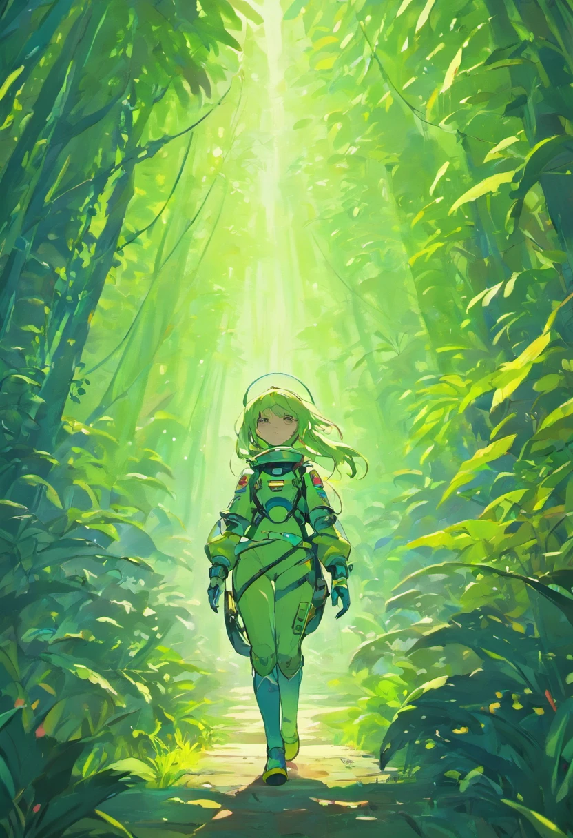 an astronaut travels through a lush, alien biome, on a trek searching for the Utopian society Rav. Cinematic, widescreen image. Dramatic details abound in a rainbow inspired envrionment.