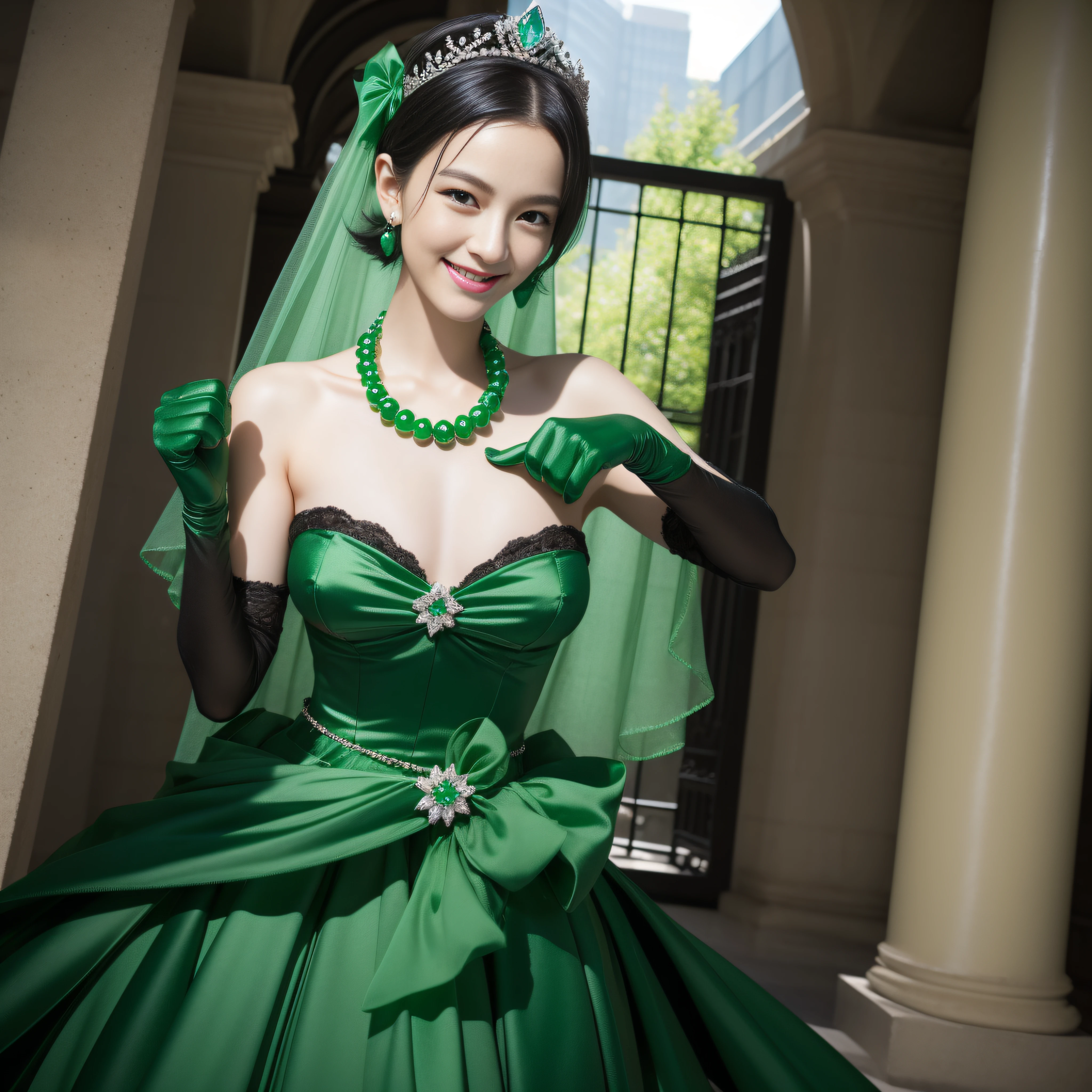 emerald tiara, Green Pearl Necklace, Boyish very short black hair, lipsticks, Japan woman smiling, Very short black hair, fist, Beautie, verd s eyes, Long green gloves made of satin material
