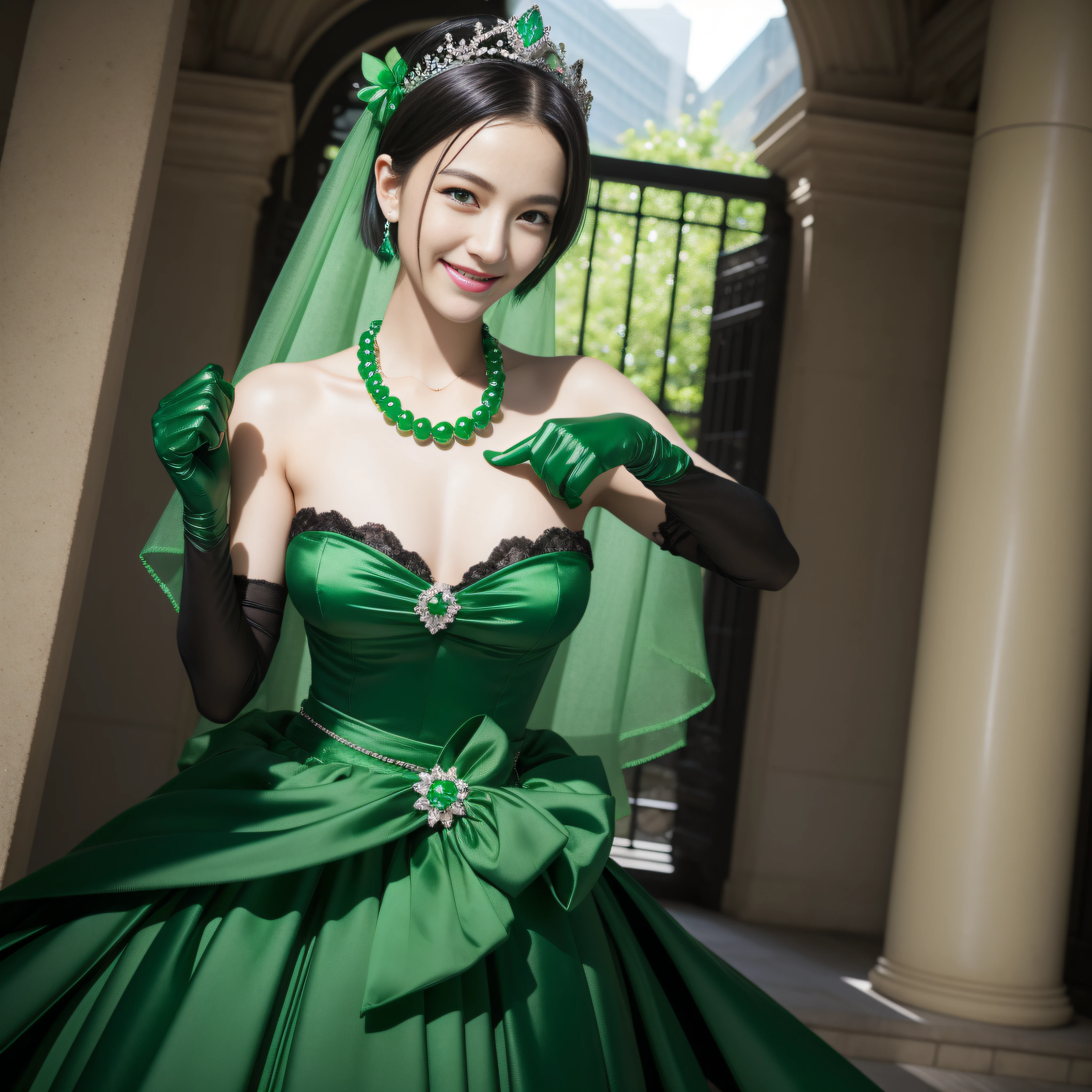 emerald tiara, Green Pearl Necklace, Boyish very short black hair, lipsticks, Japan woman smiling, Very short black hair, fist, Beautie, verd s eyes, Long green gloves made of satin material