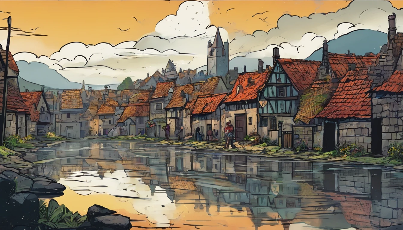 dark stormy sky, low-angle view, puddles of rain on the ground, medieval village, destroyed