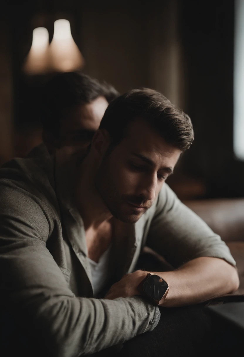 homem frustado, wrecked, triste e sozinho, not shirt, upside down and hand covering face, sitting in a chair that has a table in front of you, que tem um celular nele, que se acaba com tudo o que ele faz;