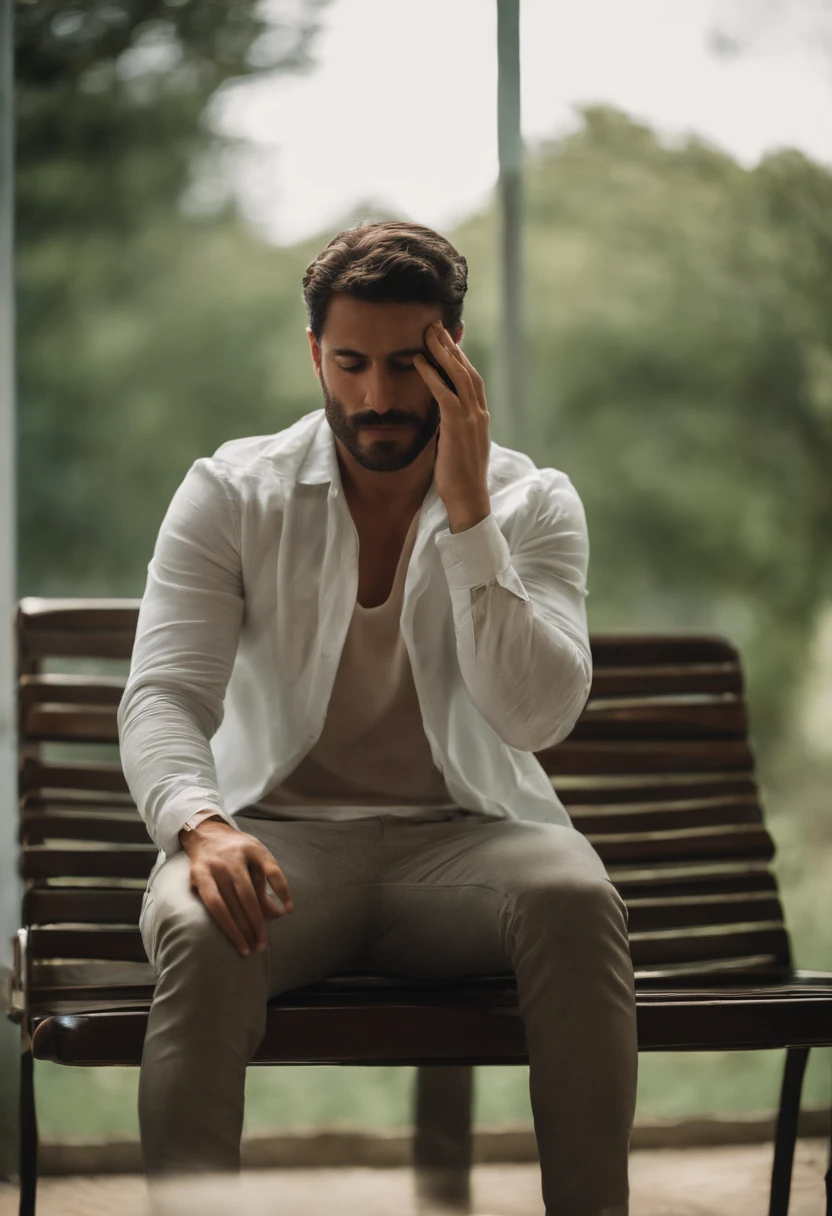 homem frustado, wrecked, triste e sozinho, not shirt, upside down and hand covering face, sitting in a chair that has a table in front of you, que tem um celular nele, que se acaba com tudo o que ele faz;