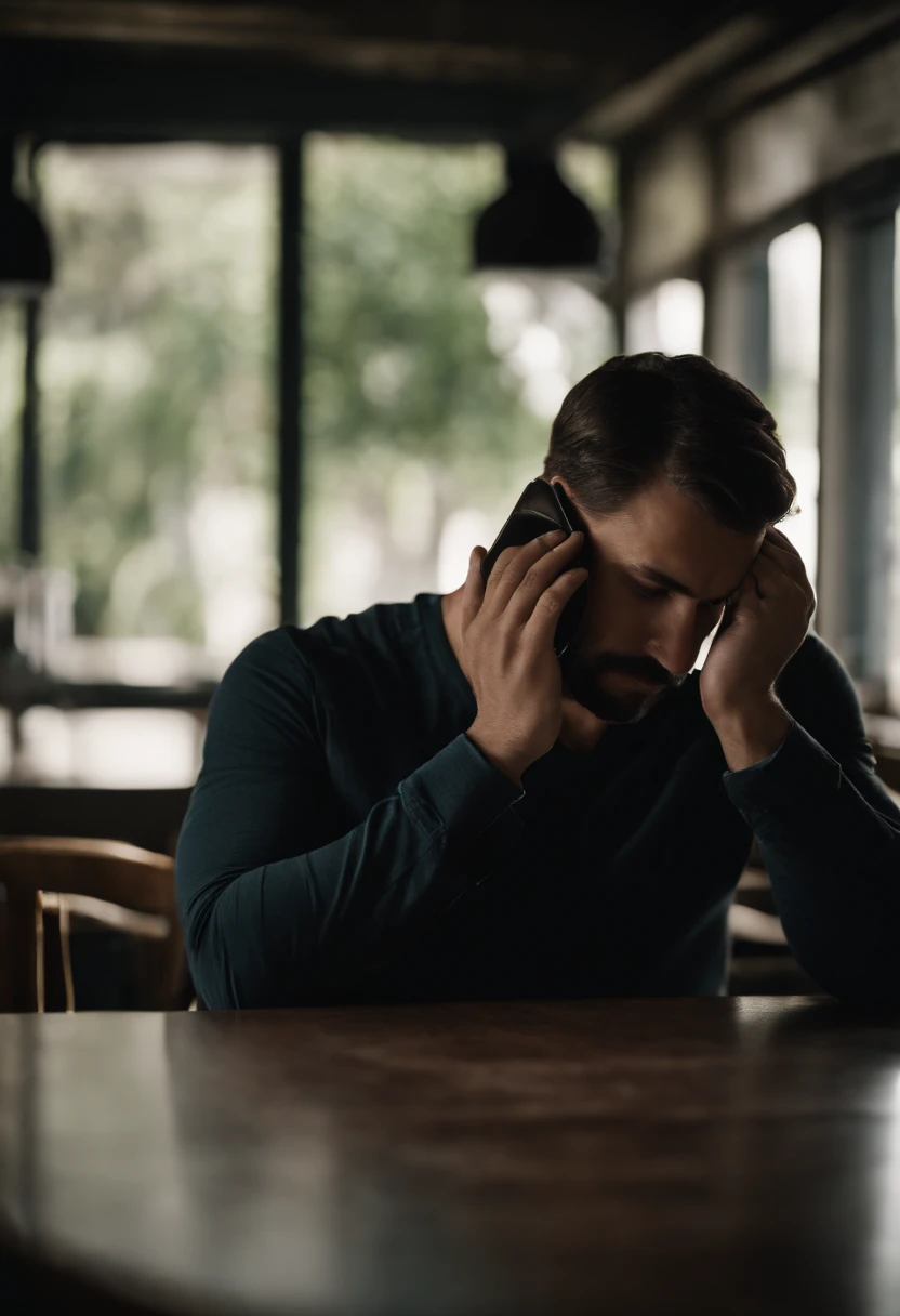 homem frustado, wrecked, triste e sozinho, not shirt, upside down and hand covering face, sitting in a chair that has a table in front of you, que tem um celular nele, que se acaba com tudo o que ele faz;