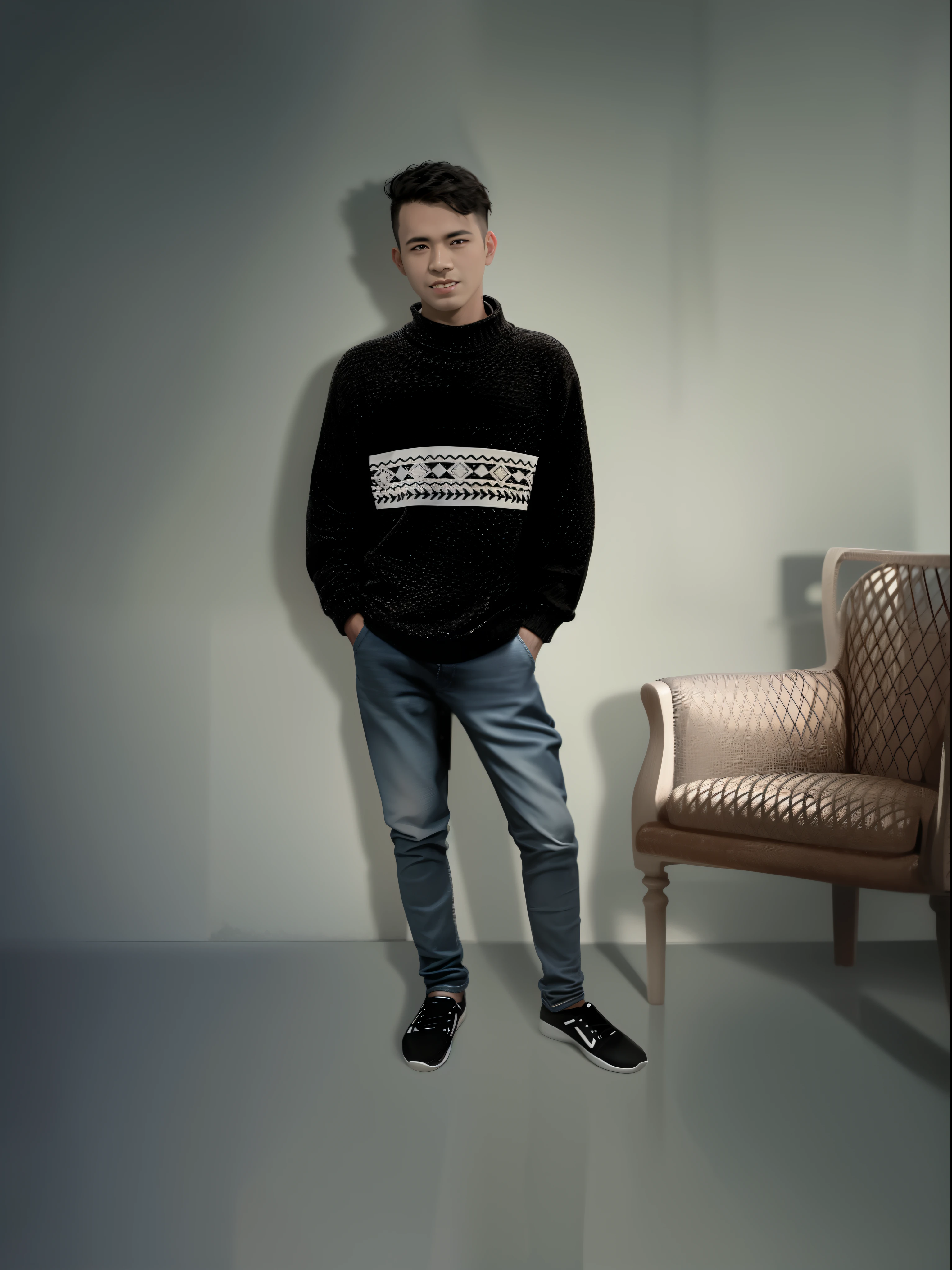 arafed man standing in a room with a chair and a chair, full body portrait shot, full body photograph, full body picture, portrait full body, fullbody photo, full body portrait, full body portrait posing, full body photogenic shot, fullbody portrait, full body model, full body photgraph, realistic portrait full body, wearing a dark sweater