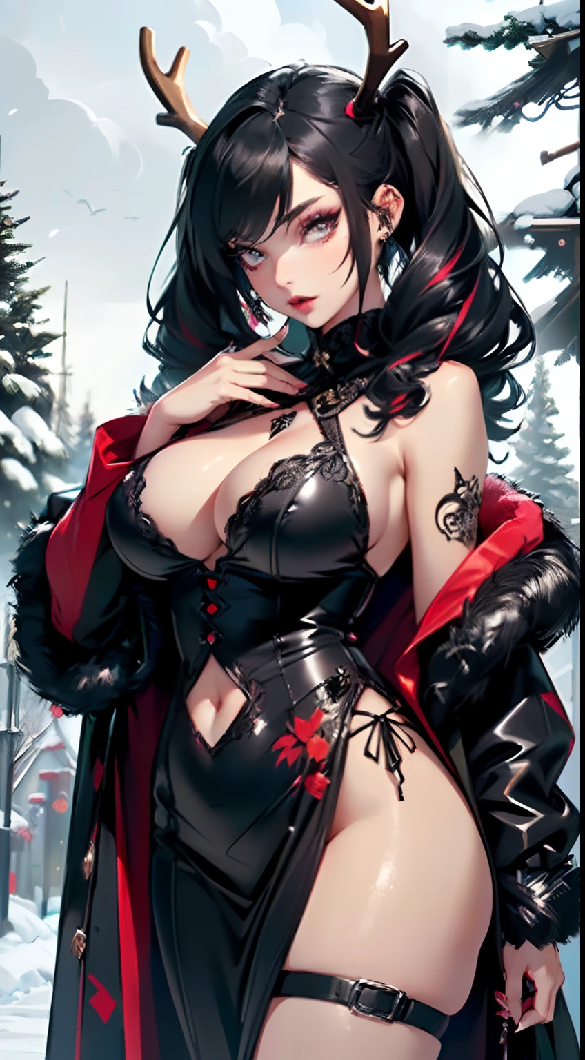 gothic reindeer girl,(((1girl))),((extremely cute and beautiful black hair anime gothic reindeer girl)),

(((anthro furry:1.2), Playboy_Reindeer, reindeer_antlers,(huge antlers:1.2),)),(large breasts:1.4),saggy breasts,((((black hair twintails:1.35,large hair twintails,colored inner hair,ear breathing)))),(((eyes red:1.3))),intricate eyes,beautiful detailed eyes,symmetrical eyes,big eyes:1.5,((fat)),(((lustrous skin:1.5,bright skin: 1.5,skin tanned,shiny skin,very shiny skin,shiny body,plastic glitter skin,exaggerated shiny skin,illuminated skin))),(spider lower abdomen,narrow waist,wide hip,athletic body,inflated legs,delicate detailed fingers,detailed body,detailed arms,human hands,(detailed face)),

cute,slutty,seductive,erotic,(((nsfw))),

zettai ryouiki,revealing clothing,show skin,(((Sexy goth fur coat, goth fur coat outfit, wearing a goth fur coat:1.3,dark red winter coat))),((red goth mini-skirt,red goth mini skirt with furry edge,visible thong straps, navel)),(red gothic clothes,semi-naked,with little goth clothing),((((Black Eyeshadow,Thick Black Eyeliner,Long Dramatic Eyelashes,Black Lips))),(((books))),(((intricate outfit,intricate clothes,embroidered outfit,ornate outfit))),

(dynamic pose:1.0),embarrassed,(centered,scale to fit dimensions,Rule of thirds),

((snowy pine forest at night)), with dark stormy clouds,winter,scenery:1.25,((snow forest background)),Christmas tree,

highres,sharp focus,(ultra detailed,extremely detailed),(photorealistic artwork:1.37),(extremely detailed CG unity 8k wallpaper),(((vibrant colors,vibrant theme))),(intricate),(masterpiece),(best quality),