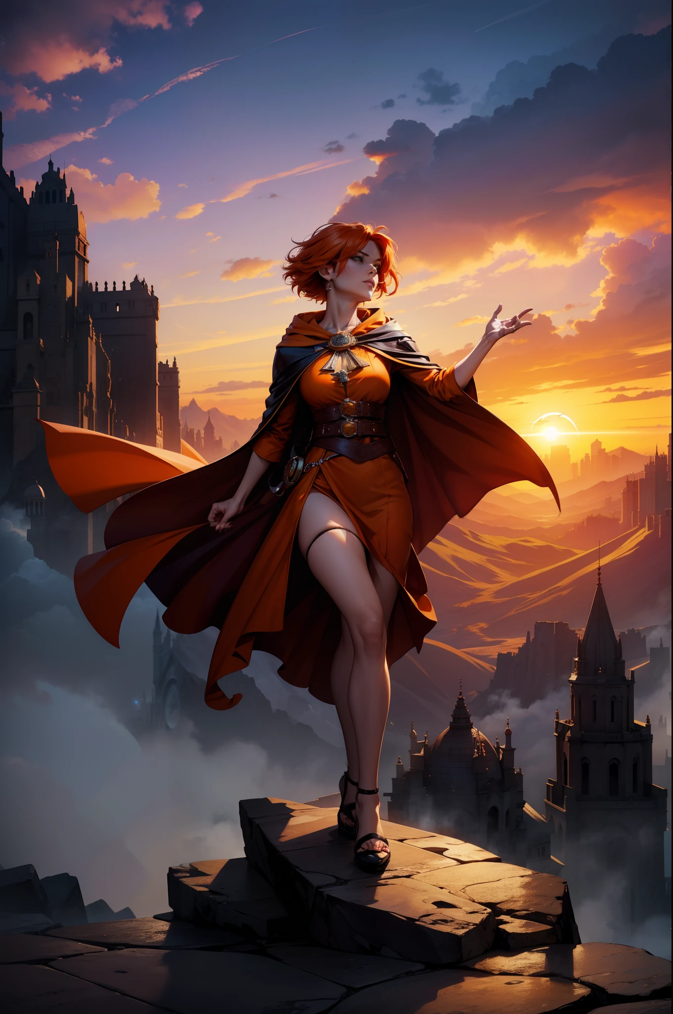A female character magician with orange hair making a powerful position on a raised stone in a city among the clouds sunset sky full of clouds magician wearing hood of beautiful bathrobe 8k dramatic scenery statues character with short hair and large cape fluttering in the eclipse of the wind behind at the apex of the magnificent landscape imagec dramatic scene