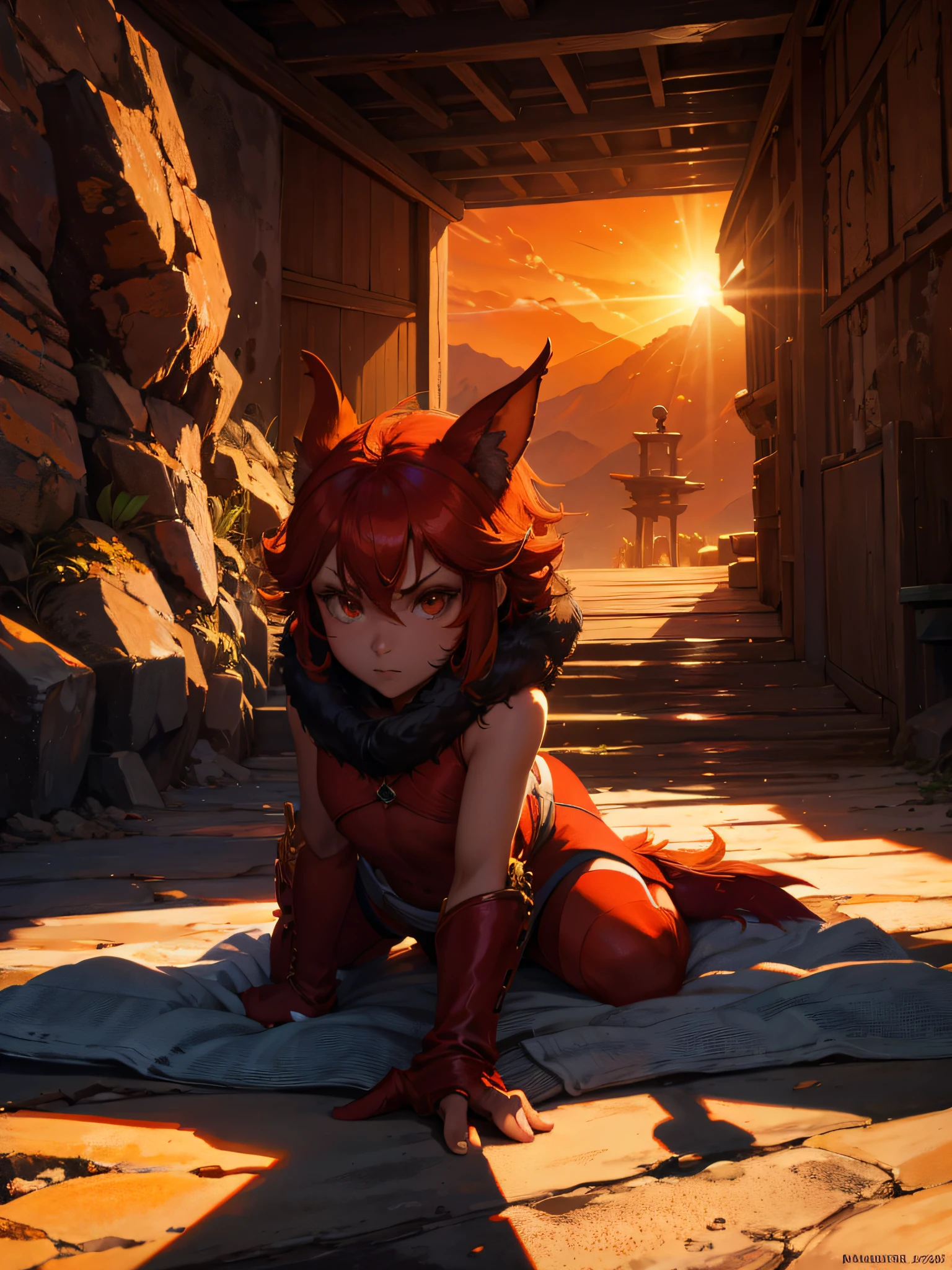 Background red sea, dark orange sun with shadow of dragon,
