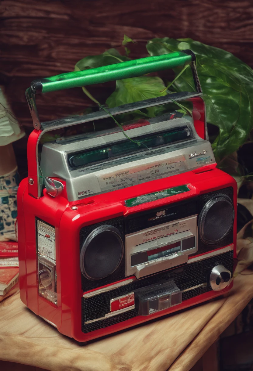 retro a red cassette player with a green label on it, red green, cassette, tape deck, cassette futurism, 80s nostalgia, album art, cassette tape, strobe and laser lights, cassette futurist, ghetto blaster, 90s nostalgia, red and green, retro 3 d, nostalgic vibes, official product photo, vibrant red and green colours