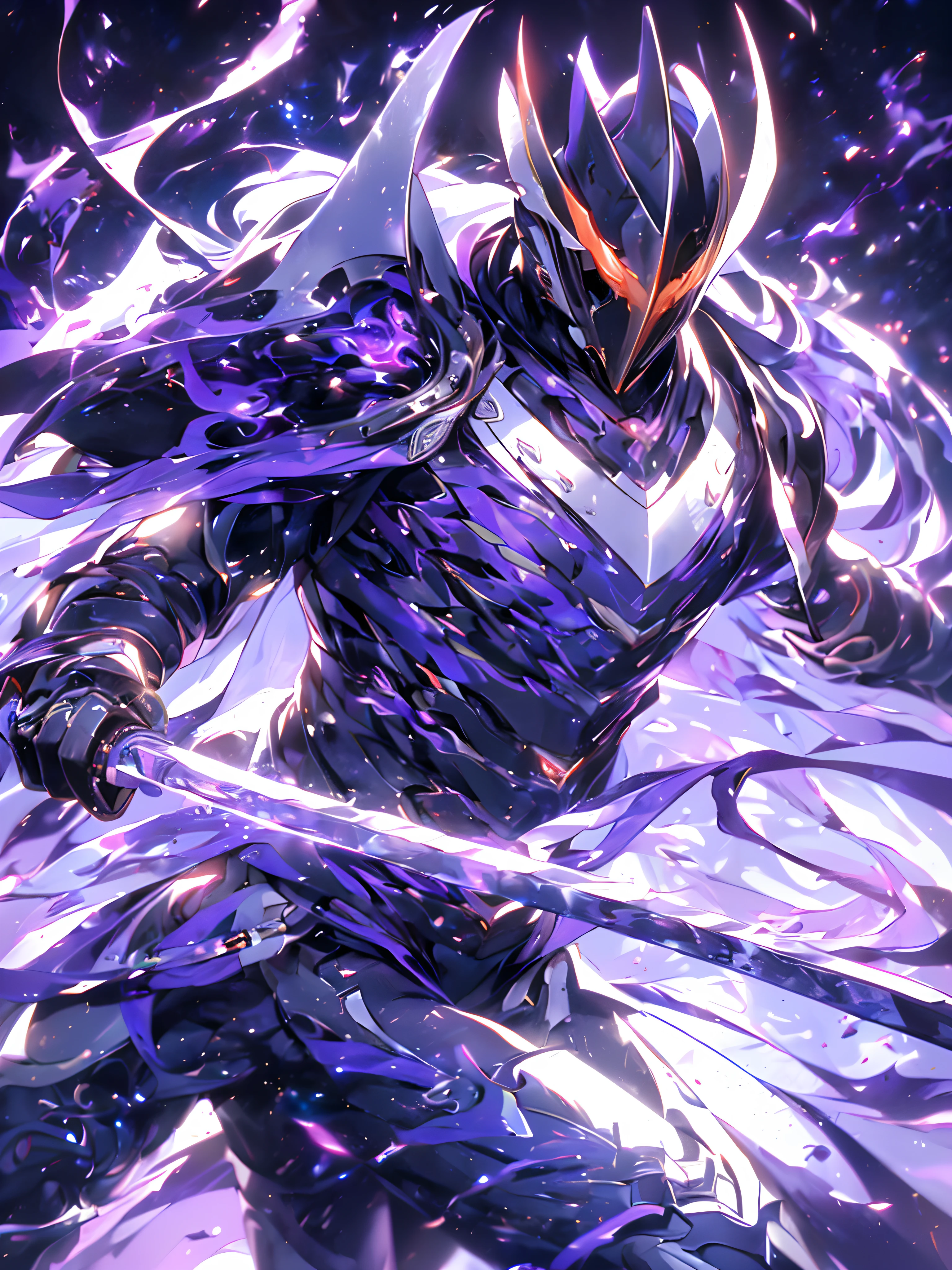 Super Realistic, Hyper Realistic, Super Detailed, (cybersamurai, 1boy, ((solo)), attacking with purple sword, wearing purple-red armor and mask, cape, glowing beautiful purple eyes, glow:1.3) (glowing simple black background:1.25),
