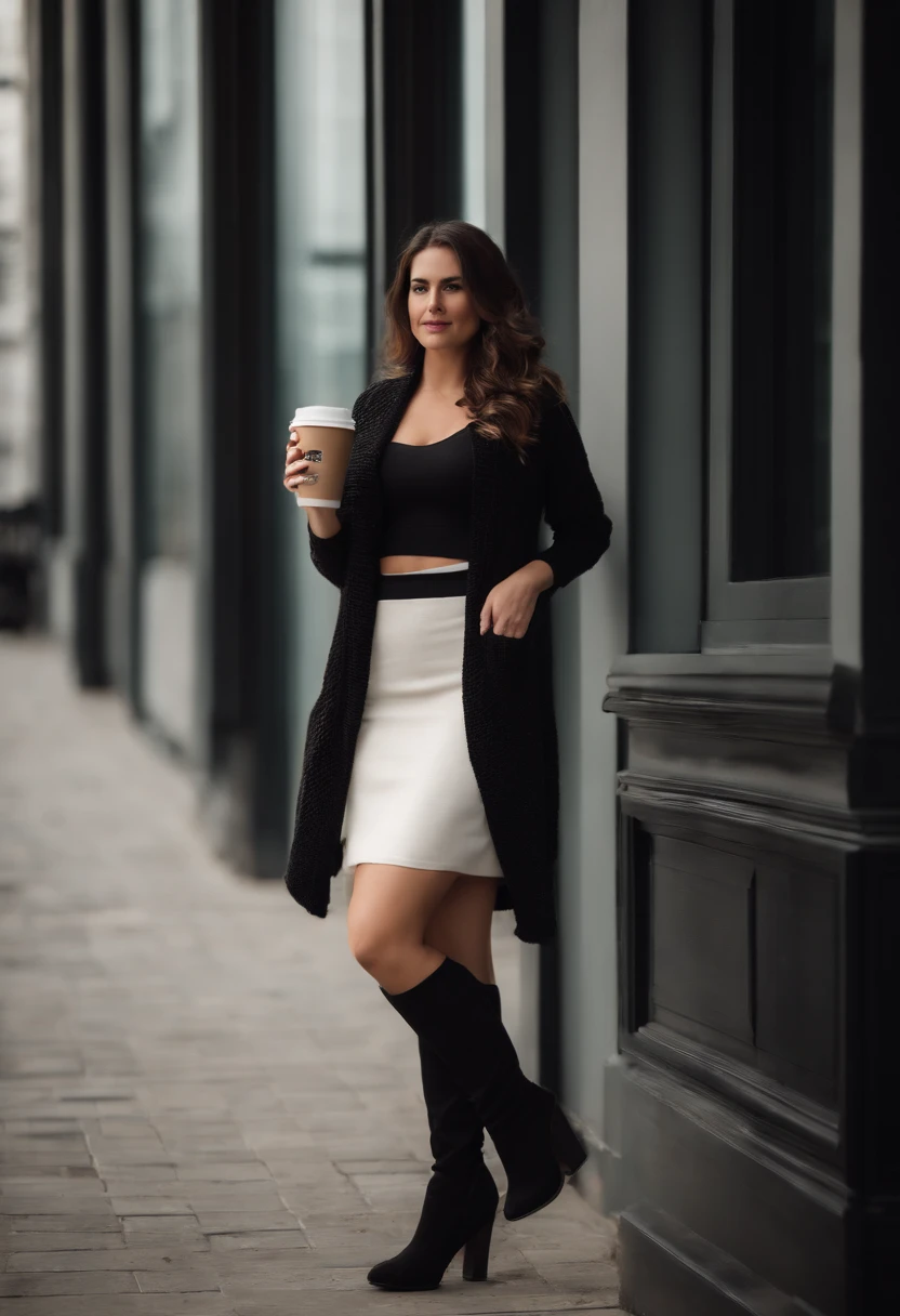 Indoors, portrait, a 30-year-old woman holding a coffee cup, black cropped knitted cardigan, arm:1, white narrow skirt with black plaid pattern, black knee-high suede boots, standing next to an office window, having big ass, big breasts