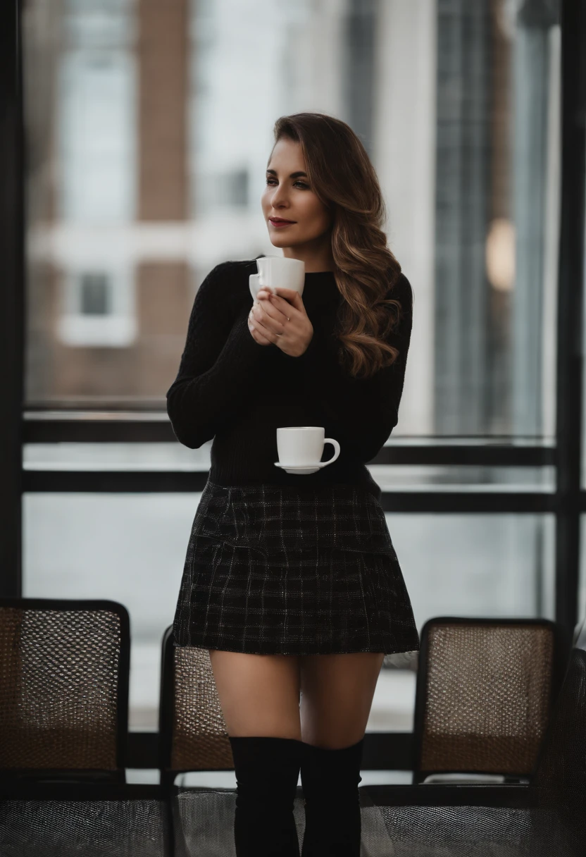 Indoors, portrait, a 30-year-old woman holding a coffee cup, black cropped knitted cardigan, arm:1, white narrow skirt with black plaid pattern, black knee-high suede boots, standing next to an office window, having big ass, big breasts