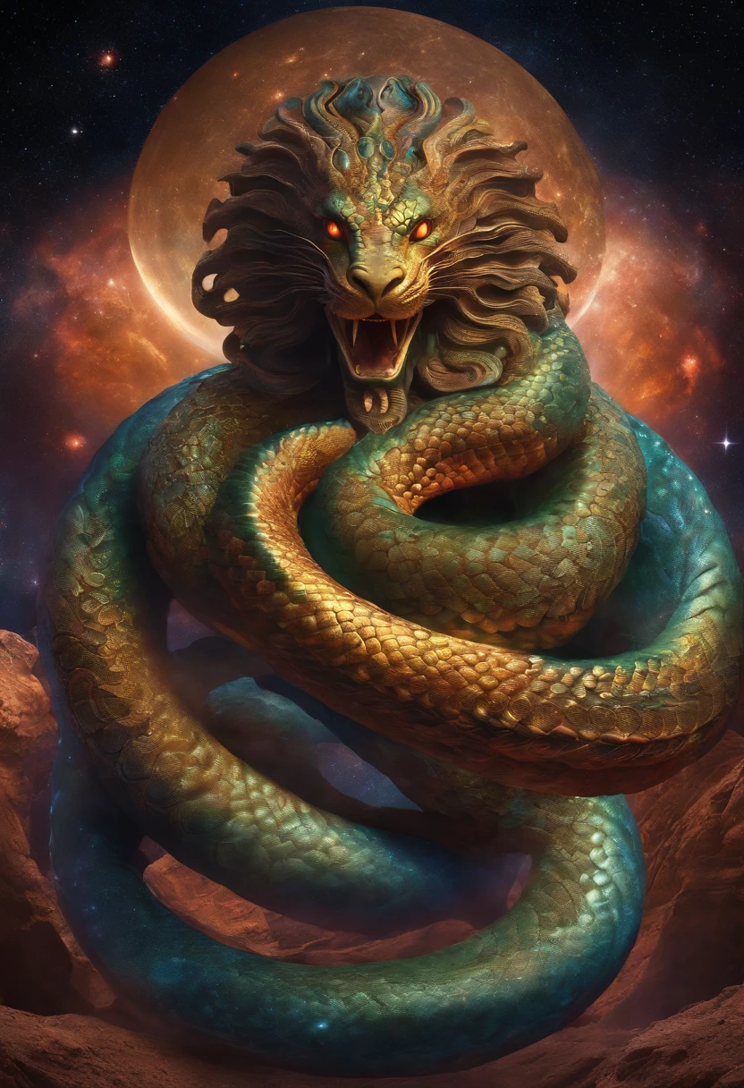 Cosmic god with the appearance of a multi-headed snake, curling up on multiple planets