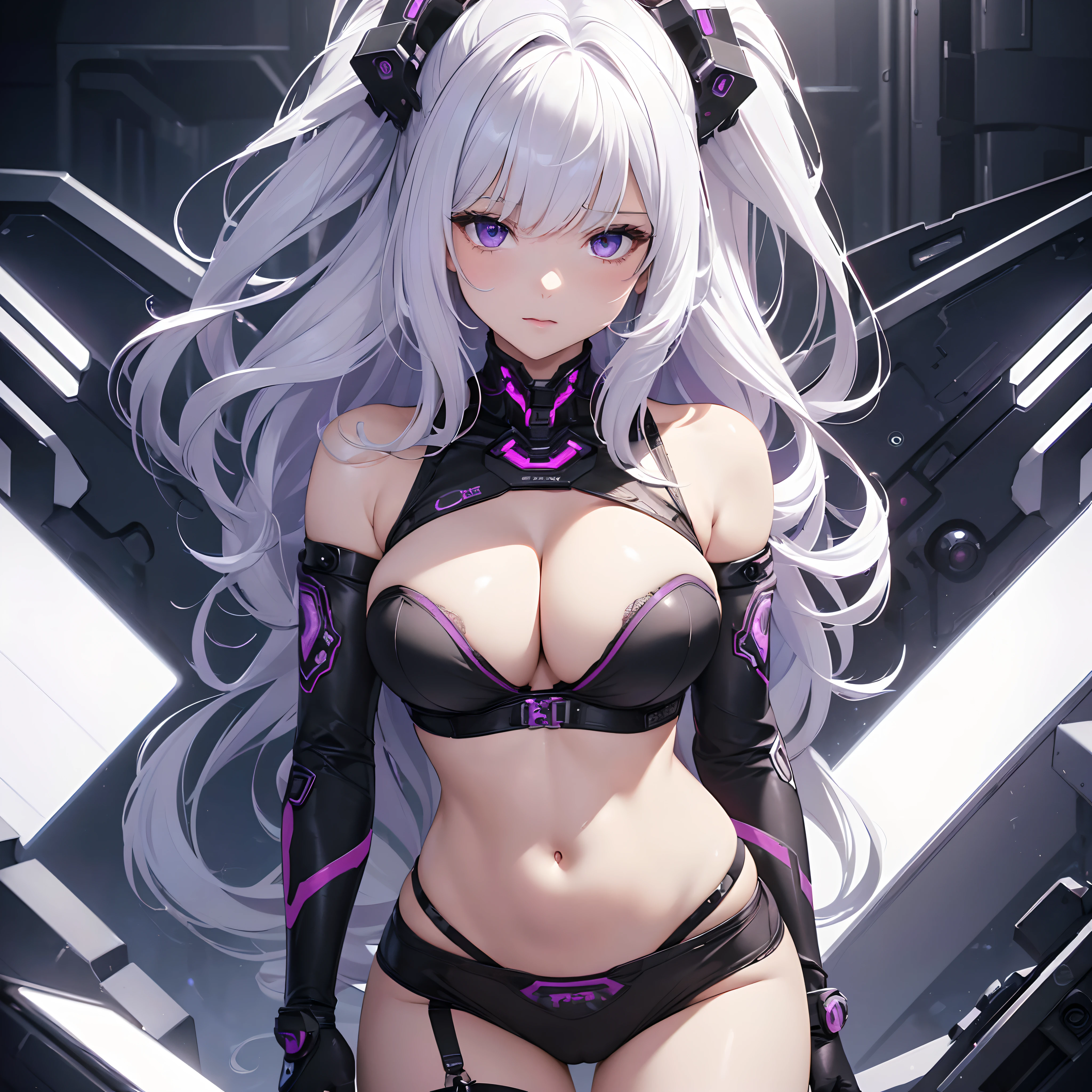 (8K, best quality, illustration, ultra detailed, high-resolution:1.3), (masterpiece: 1.25), ((1 girl)), (large breast), long white hair, purple eyes eyes, exposed cleavage, ((showing stomach)), sexy black/white cybernetic lingerie exosuit: 1.3, clear facial features, lewd pose, 18+, nsfw