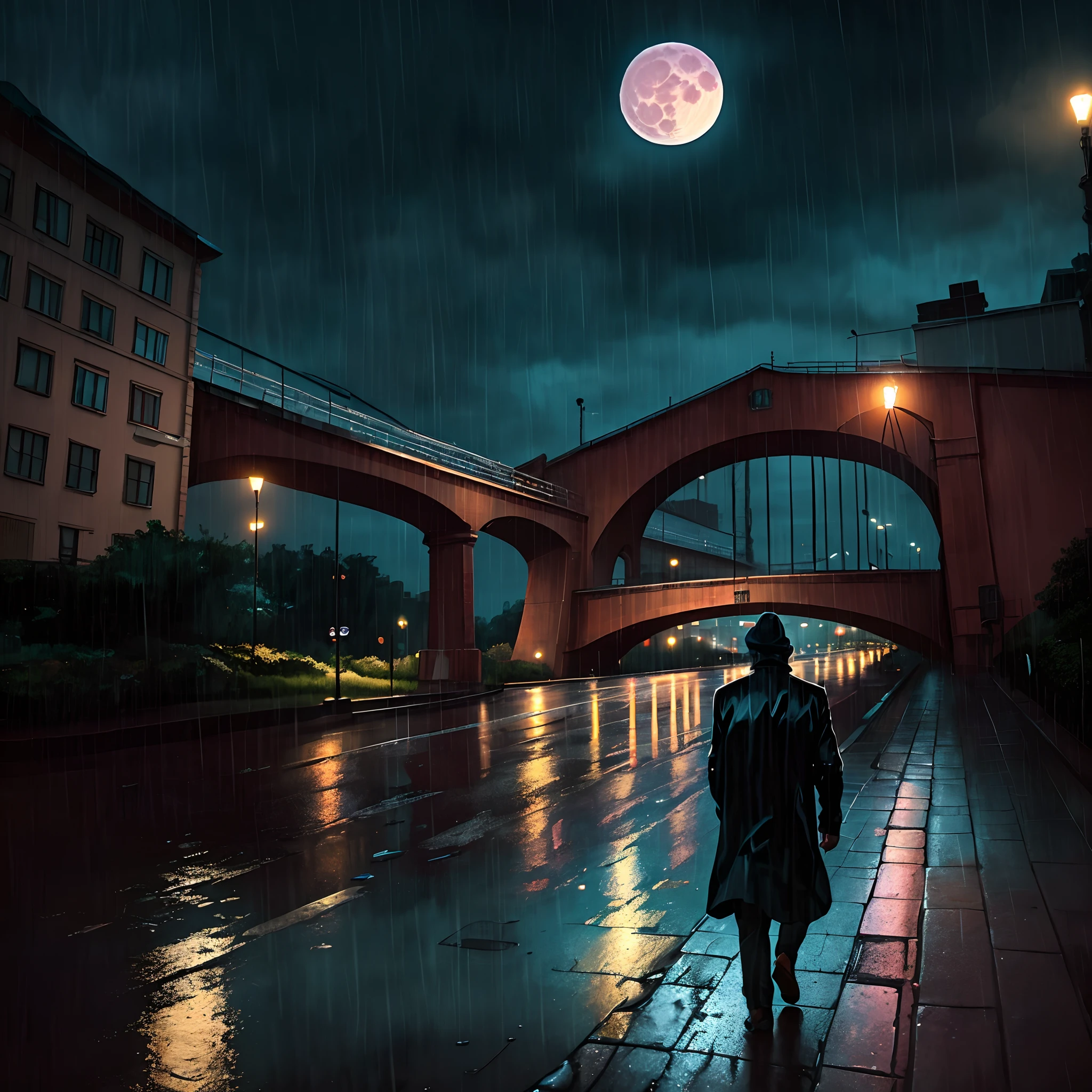 A man walking through the city in the rain and across a bridge with a beautiful huge moon in the background