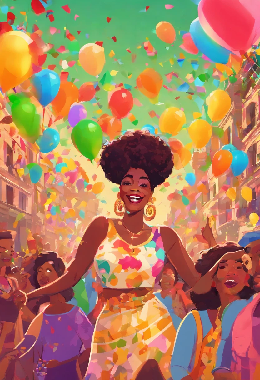 A middle-aged black transgender woman with a rainbow flag, belos olhos detalhados, Sorriso Confiante, e personalidade vibrante, wreath on head, Earrings with Christmas ornaments and extravagant clothes from the 70s is in the middle of a busy Pride Parade. She is surrounded by a diverse and passionate crowd that is celebrating love, inclusion, e igualdade. Colorful balloons, Giant floats, e pessoas com trajes vibrantes enchem as ruas, criando uma atmosfera animada e festiva. The air is filled with joy and excitement as music blows from the speakers and confetti fills the air. The art is created using a combination of illustration and photography. The medium used is a digital illustration with a touch of photo-realism, Enhancing the details and bringing the scene to life. The colors are vivid and vibrant, com uma ampla gama de matizes para capturar a diversidade e energia do desfile. The lighting is bright and sunny, casting a warm glow on the scene and highlighting the cheerful expressions on people's faces. Image quality is top-notch, with high resolution of 4k or 8k. Every detail is meticulously crafted, from the intricate patterns on the costumes to the reflections on the shiny floats. A obra de arte tem um estilo realista e foto realista, making it feel like a snapshot of a real-life celebration. The warning emphasizes the celebration of pride, The diversity of the crowd, e uma atmosfera vibrante. It captures the essence of Marsha P. Johnson,The legacy and its contribution to the LGBTQ community+ movimento de direitos.