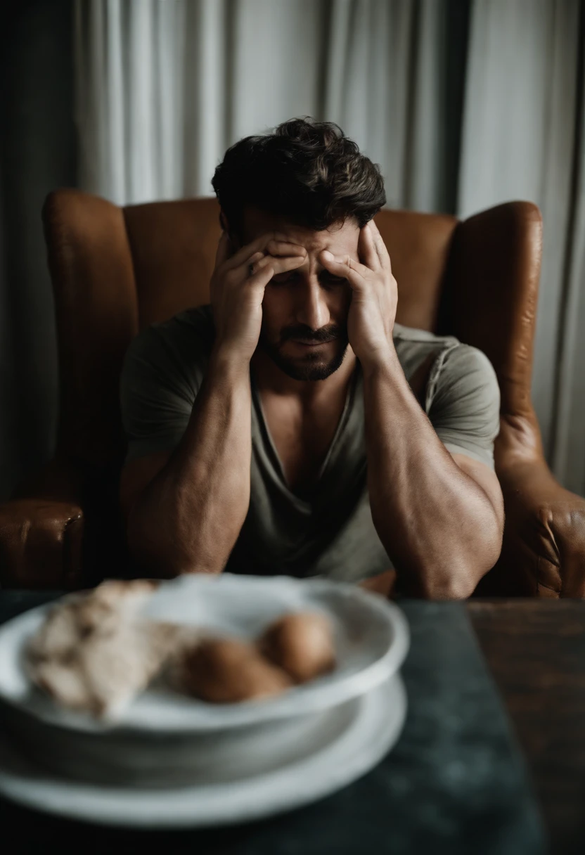 homem, wrecked, triste e sozinho, who is shirtless, upside down and with hands covering your face, sitting in a chair that has a table in front of you, que tem um celular na mesa com a tela ligada