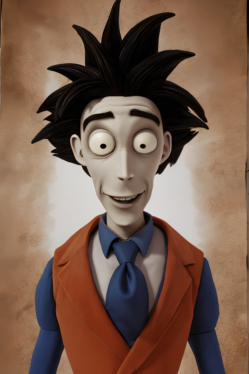 TimBurton Animation, portrait of son goku, 1boy, solo, happy,