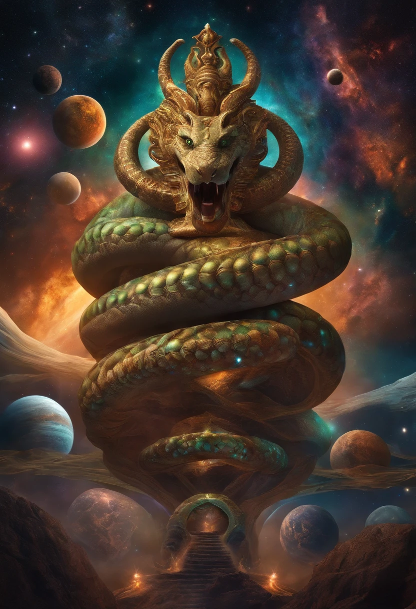Cosmic god with the appearance of a multi-headed snake, curling up on multiple planets