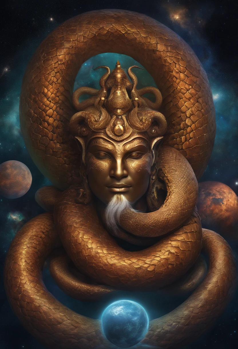 Cosmic god with the appearance of a multi-headed snake, curling up on multiple planets