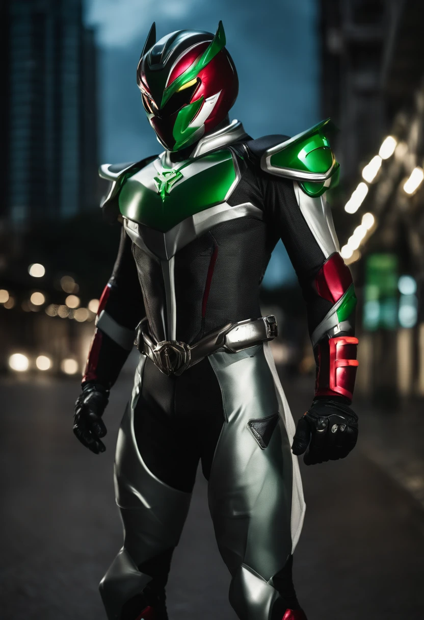 (8k,.RAW,profissional,qualidade superior),(realisitic,Fotorrealista:1.2),anatomia perfeita,(face com maior detalhe:1.2),frontlighting,Dark shadows threatened the city,Kamen Rider Shiden,Green Metal Body, preto e branco profundo,Wearing a transformation belt,Mal queimando com chamas azuis,Derrote o mal,Combates intensos,Ataque Especial(zero absoluto),Kamen Rider Illuminates the Darkness,Silenciador branco tremulando ao vento,olhos brancos de neve