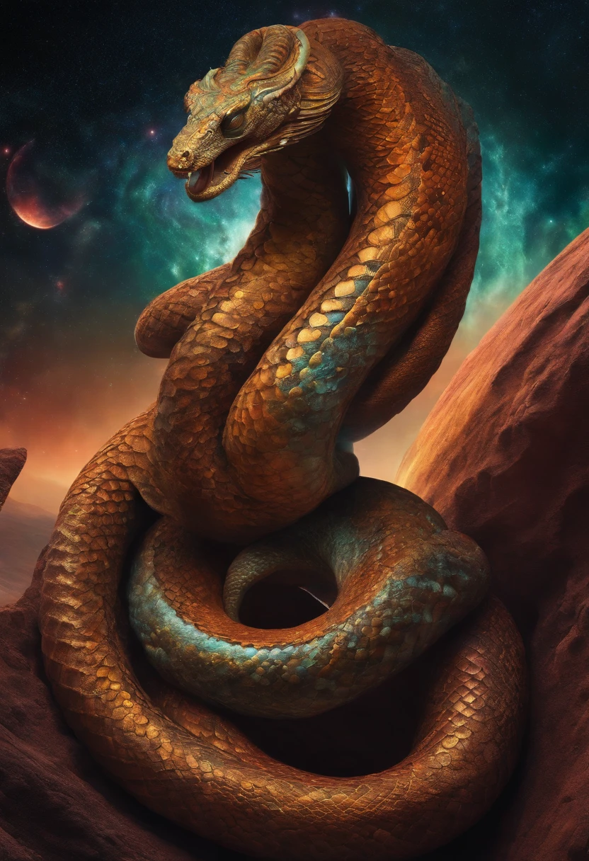 Cosmic god with the appearance of a multi-headed snake, curling up on multiple planets