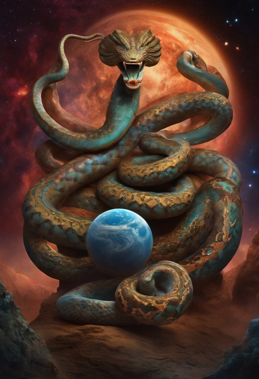 Cosmic god with the appearance of a multi-headed snake, curling up on multiple planets