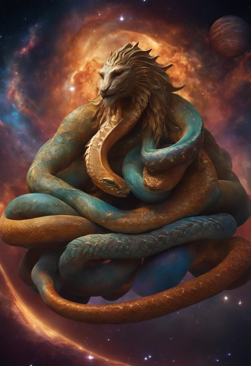 Cosmic god with the appearance of a multi-headed snake, curling up on multiple planets