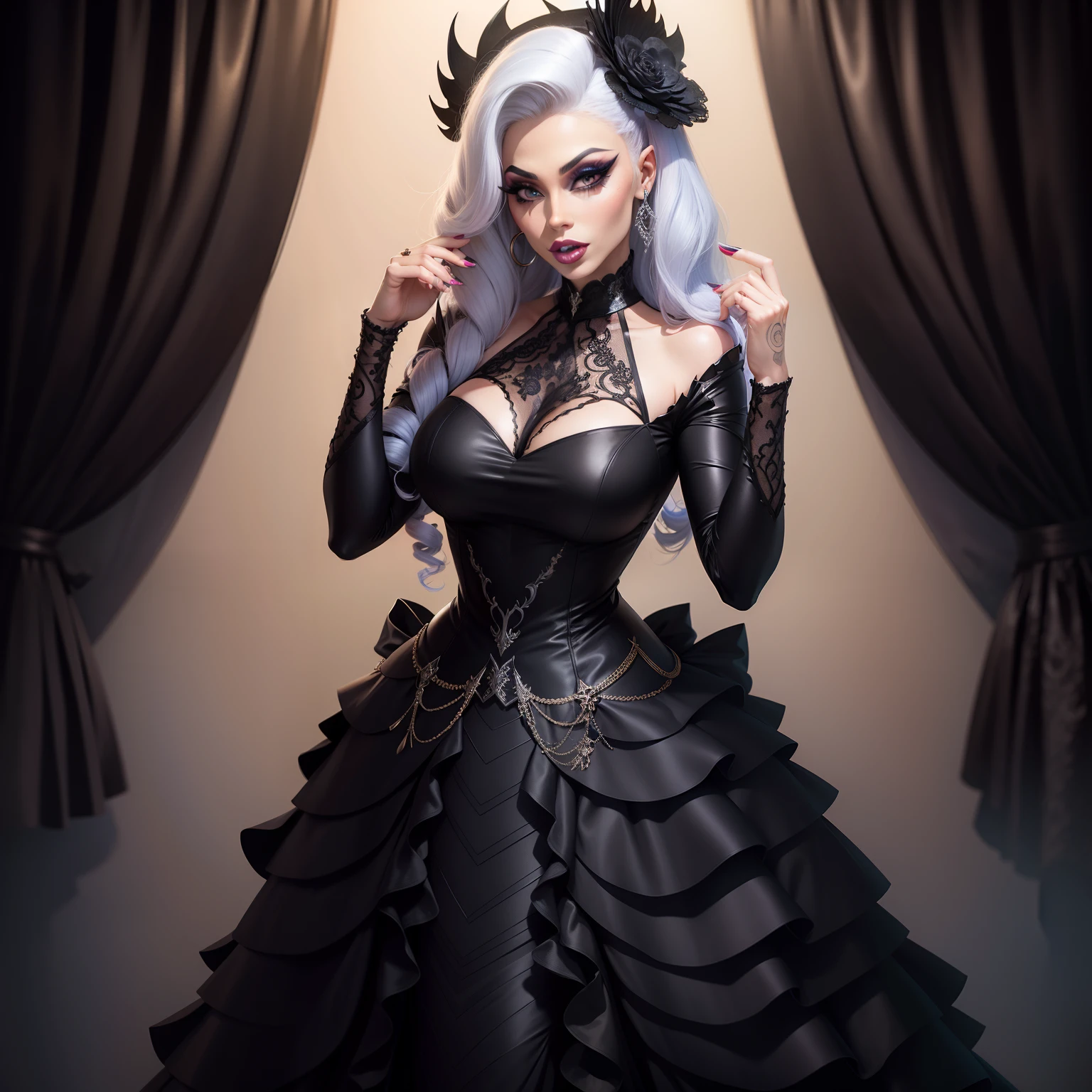 The drag queen wears a gorgeous black fishtail dress