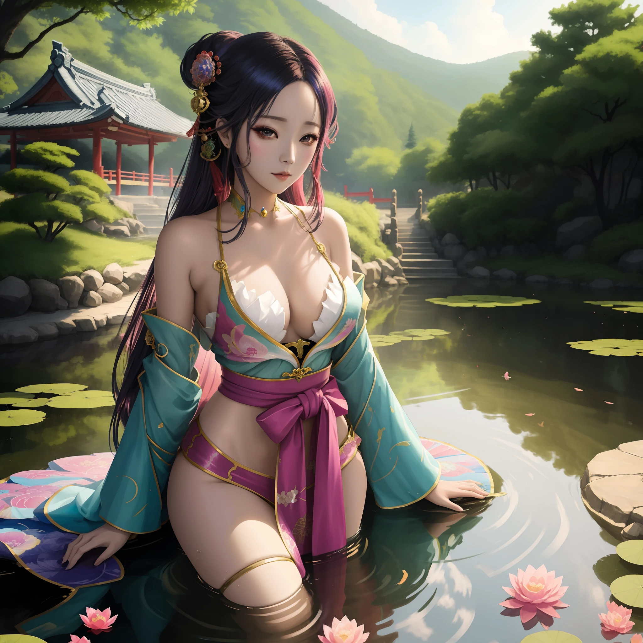 there is a woman in a colorful dress sitting in a pond, beautiful digital artwork, japanese goddess, beautiful alluring anime woman, a beautiful fantasy empress, a beautiful artwork illustration, seductive anime girl, artwork in the style of guweiz, 4k highly detailed digital art, 2. 5 d cgi anime fantasy artwork, by Yang J, extremely detailed artgerm