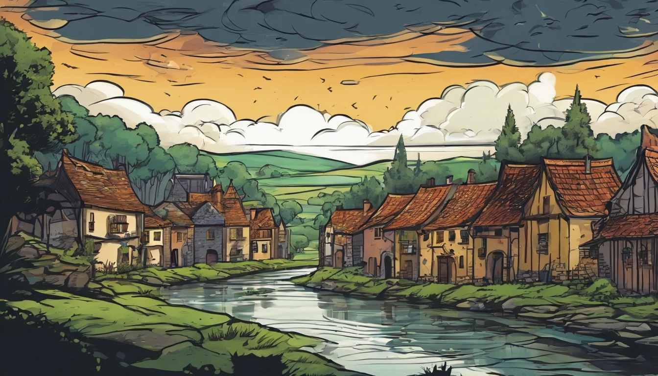 dark stormy sky, low-angle view, puddles of rain on the ground, medieval village, destroyed