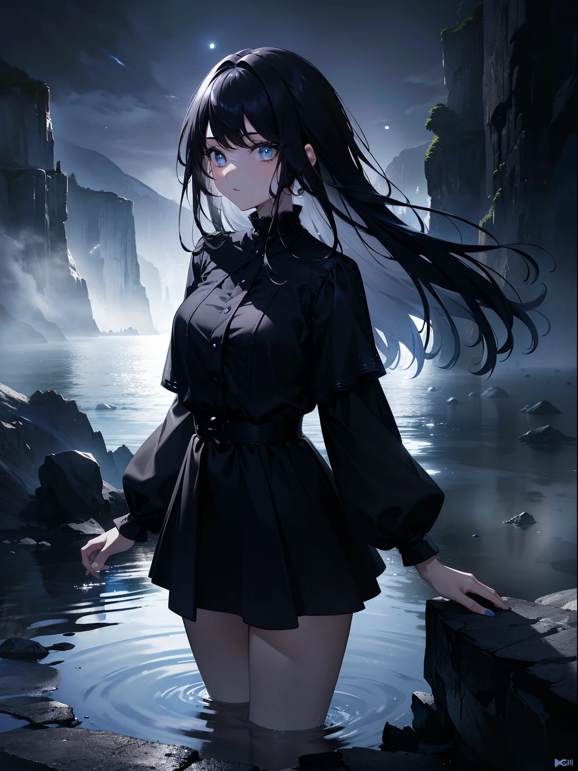 (Masterpiece, Best quality, ultra high resolution),1girl, black hair, bright Eyes , black dress, beautiful and detailed face, detailed eyes,in a rock lagoon, standing on top of a rock, night, moon,fog,(gray and blue theme)