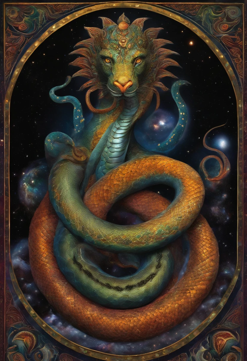 Cosmic god with the appearance of a multi-headed snake, engolindo planetas