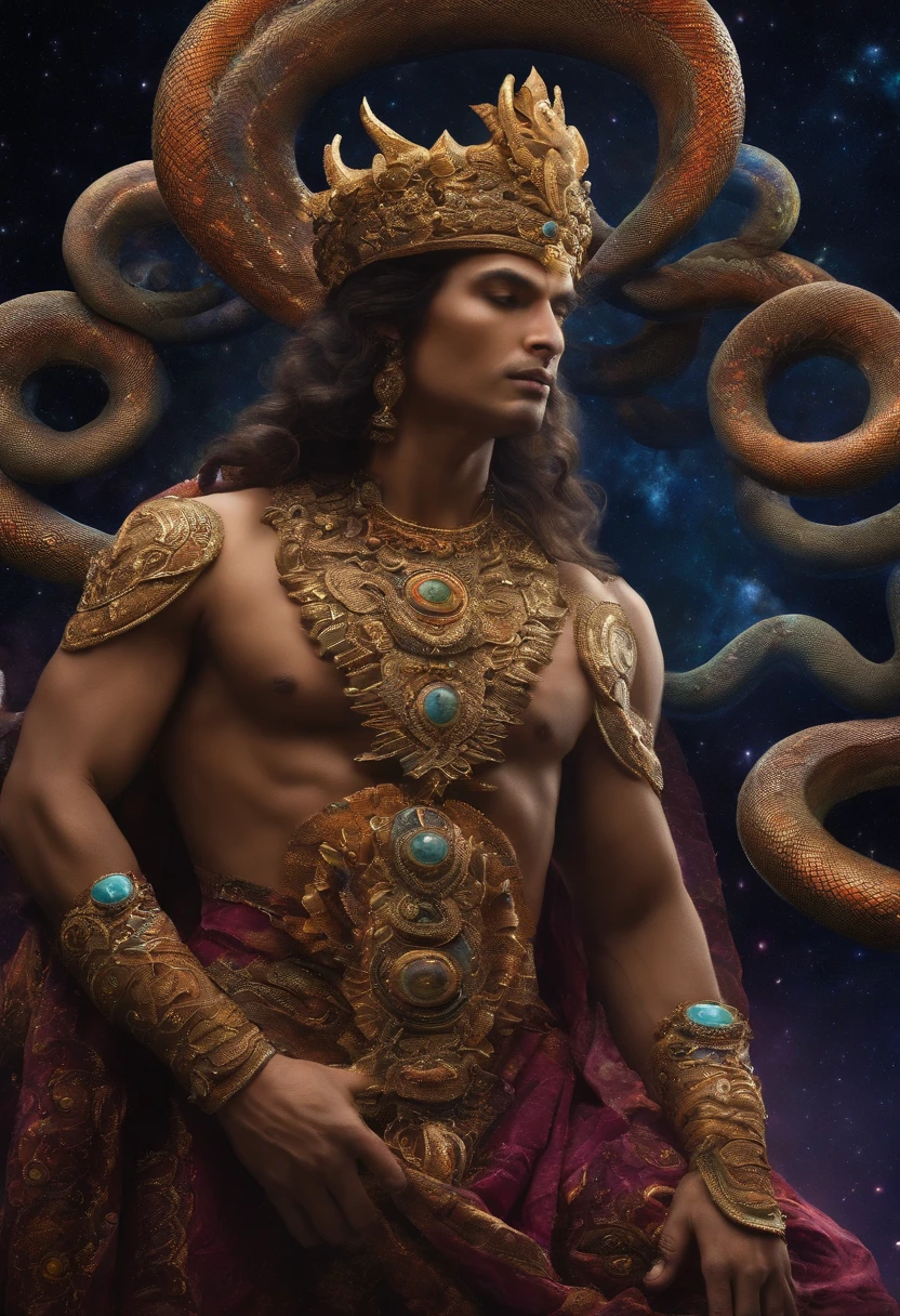 Cosmic god with the appearance of a multi-headed snake, engolindo planetas