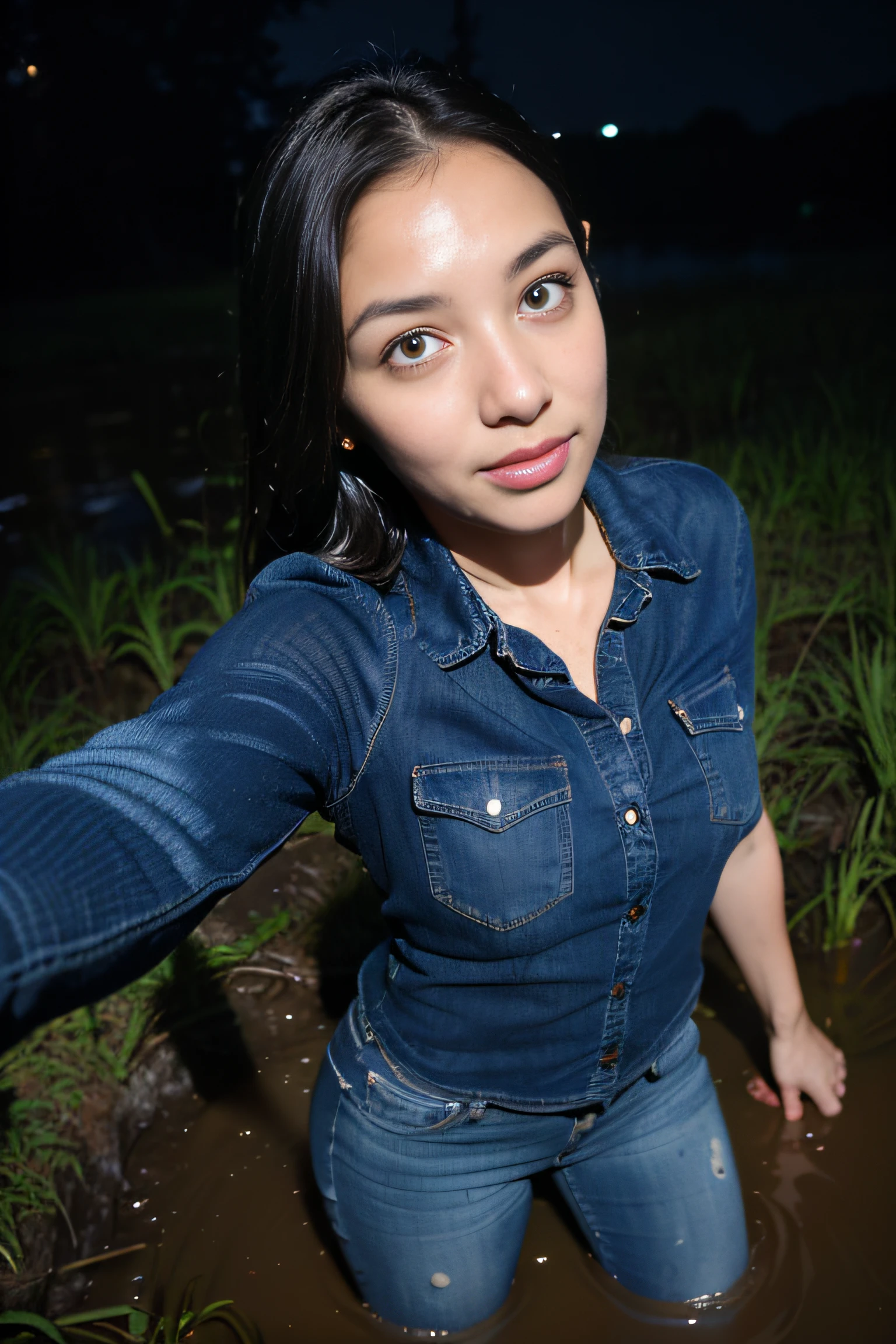 (selfie photo,pov photo:1.4).the night,Forest swamp.(Darkness around.Flash-only lighting when taking photos:1.3).lust,desperation,(drowning in a swamp:1.2).In the middle of a mud swamp,Wide jeans,Tight blouse. mud splashes on clothes