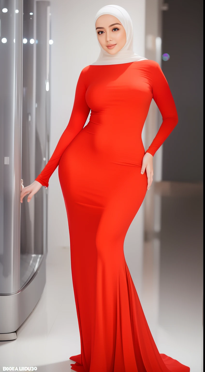 (NSFW,highres:1.2),1 girl,perfect body shape, slim waist, curvy hourglass figure, full body picture, skinny waist and thick hips,full body view,big boobs,wearing a hijab,wearing tight dress,beautiful detailed eyes,long eyelashes,natural makeup,soft smile,vivid colors,studio lighting,physically-based rendering,digital artwork,bokeh
