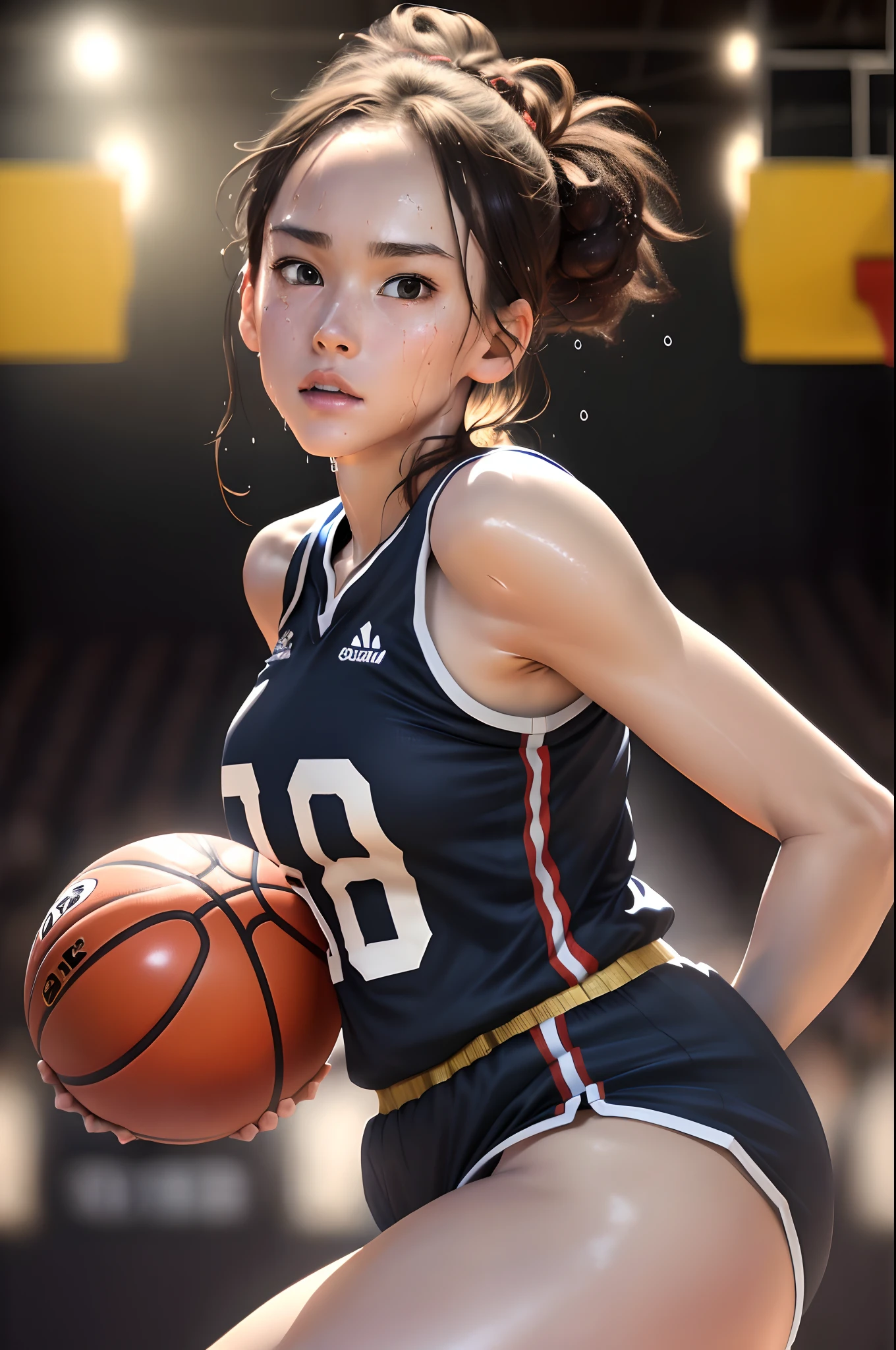 Girl dunking on basketball court