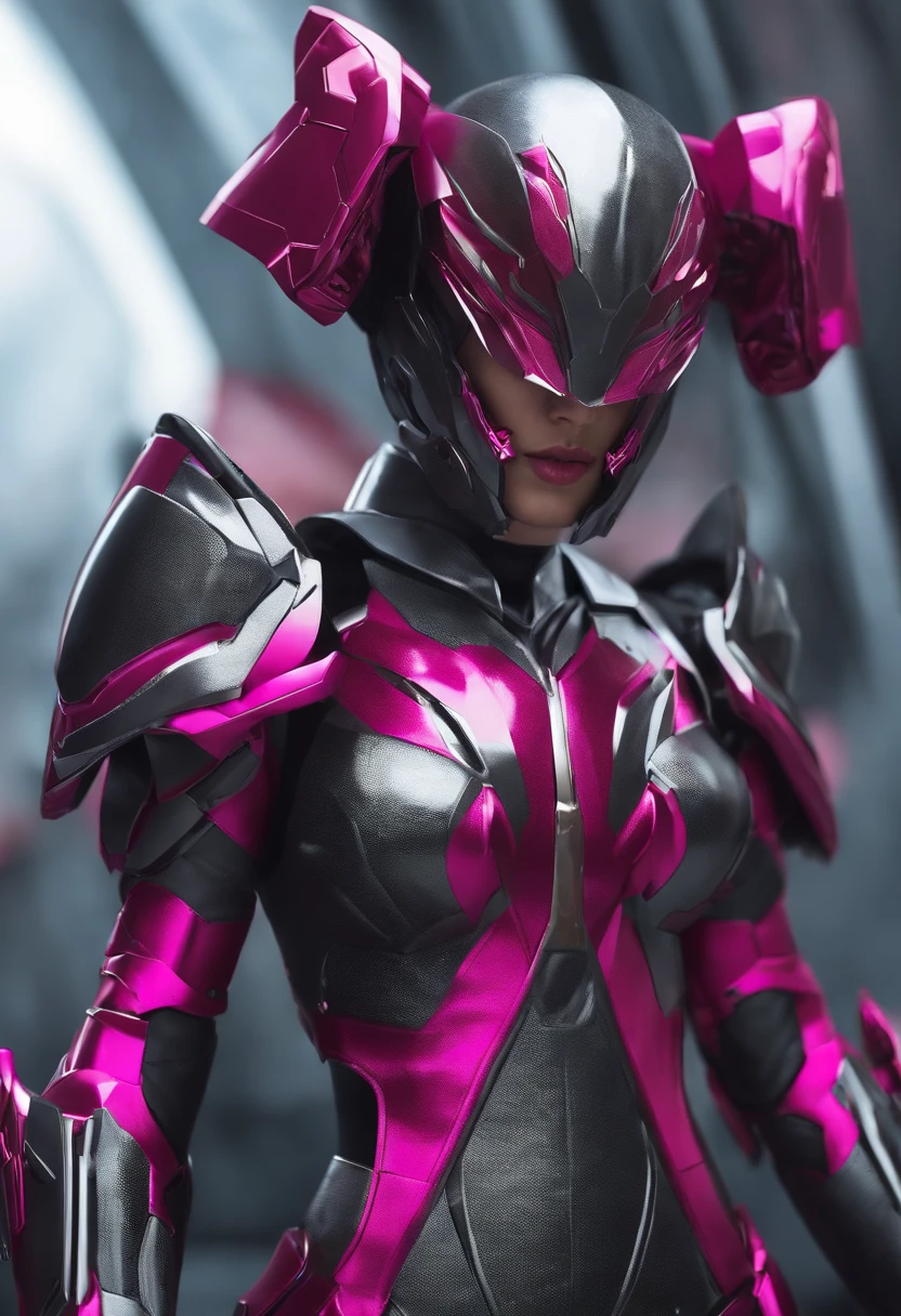 mulher em uma roupa branca e preta, armadura rosa simplificada, armadura rosa lisa, fuchsia skin beneath the armor, cyber fight armor, sharp silver armor fuchsia skin, cyber japan style armor, cyber japan armor, Kamen Rider personagem, fuchsia skin below the armor, cyber gun, em mecha cyber armor, tokusatsu, ultra realista, Kamen rider, 4K