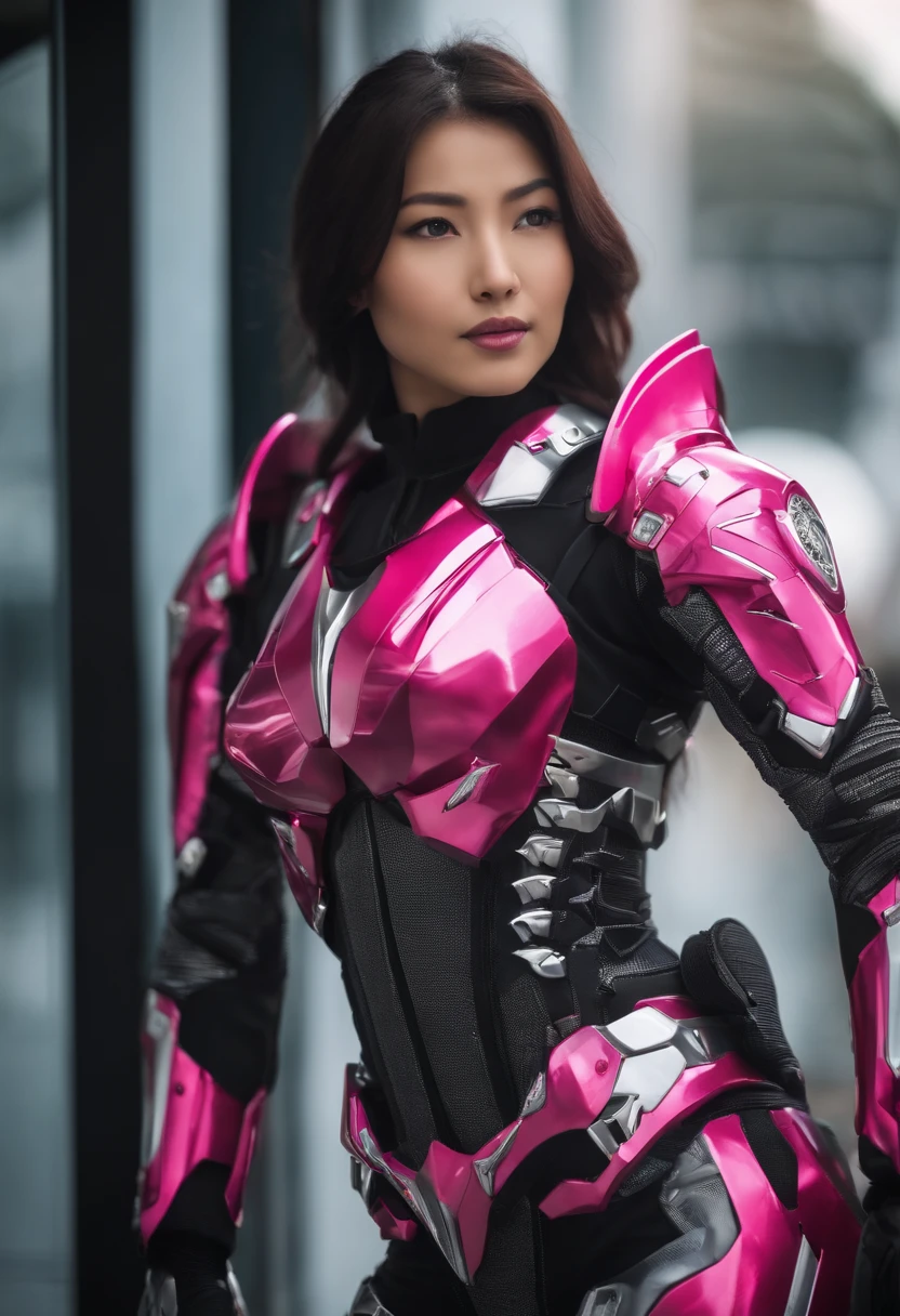 mulher em uma roupa branca e preta, armadura rosa simplificada, armadura rosa lisa, fuchsia skin beneath the armor, cyber fight armor, sharp silver armor fuchsia skin, cyber japan style armor, cyber japan armor, Kamen Rider personagem, fuchsia skin below the armor, cyber gun, em mecha cyber armor, tokusatsu, ultra realista, Kamen rider, 4K