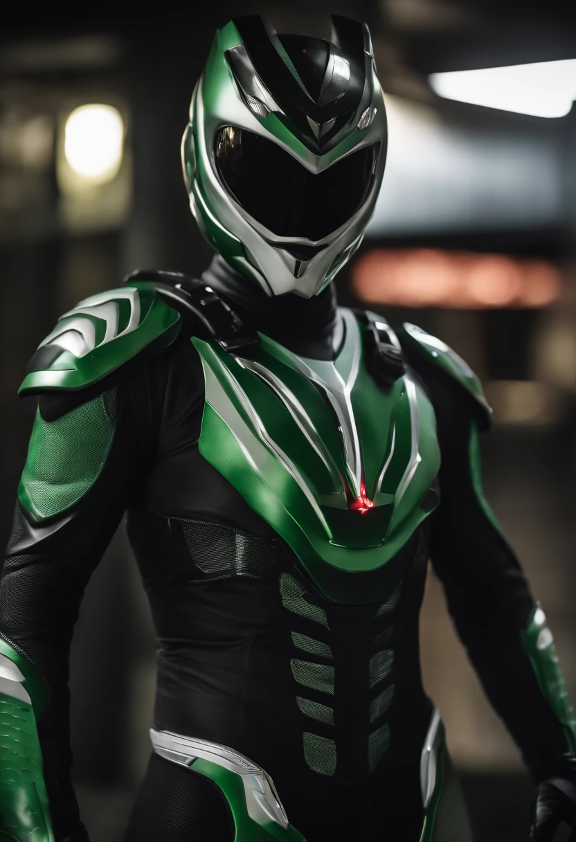(8k,.RAW, profissional, qualidade superior),(realisitic,Fotorrealista:1.2),anatomia perfeita,(face com maior detalhe:1.2),frontlighting, Dark shadows threatened the city, Kamen Rider Shiden, Green Metal Body, preto e branco profundo, Wearing a transformation belt, Mal queimando com chamas azuis, Derrote o mal, Combates intensos, Ataque Especial(zero absoluto), Kamen Rider Illuminates the Darkness, Silenciador branco tremulando ao vento, olhos brancos de neve 4K corpo inteiro