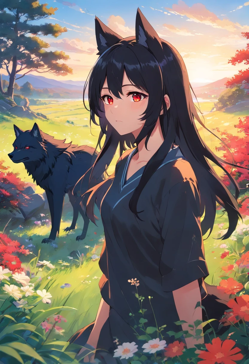 《long black hair, red eyes, werewolf, black wolf ears, black tail, in a picturesque landscape, dripping sunlight, flowers flying, whispering winds of pleasure.》