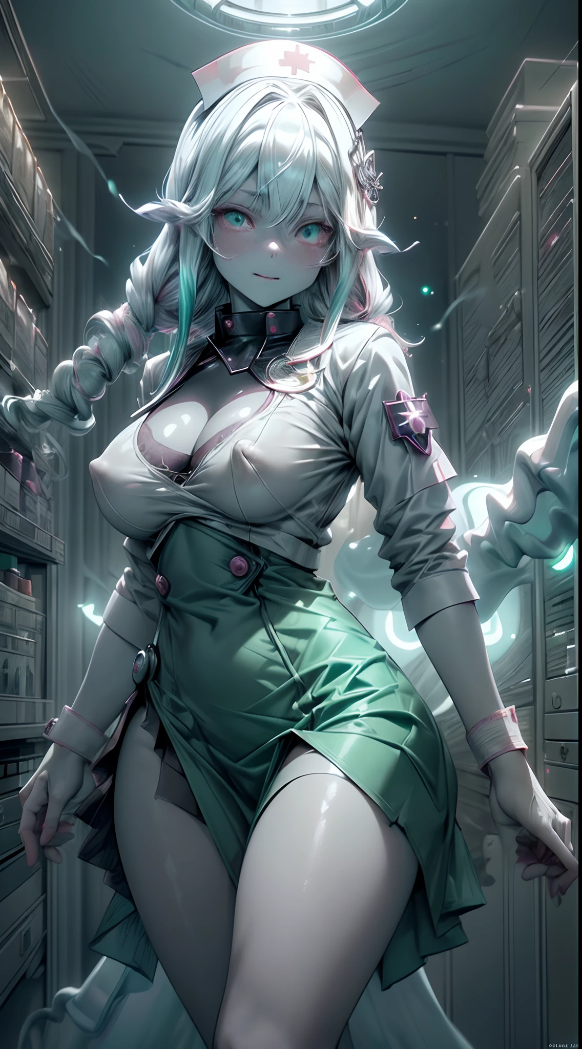 (ghosty:1.85) {(doctor:1.5)|(capless nurse:0.5)} girl, (white doctor coat:1.4), (spirit, spiritual:1.2), 1girl, perfect and well designed glowing shiny eyes, (beautiful detailed eyes:1.05), (natural medium breasts:0.85), slim body, beautiful and delicate cute face, (face detail), ((realistic face)), pores, ((pale grey skin)), detailed skin, realistic skin, (((bioluminescence))), ((shiny skin)), (multicolored gradation skin), (monster girl:1.25), human face, medium length hair, hair voluminous, (((((multicolored gradation hair))))), super high resolution, 8k, parameters Best quality, (masterpiece:1.4), (magic accessories:1.4), bracelets, extremely detailed thick tight ((dark grey:0.85), (green:1.2), (pink:0.65)) ({nylon|lycra}:1.5) ornate (skirt:1.25), (standing nipples under cloth:1.35), (ornaments on clothing:1.5), (neckline:1.3), (cleavage:1.3), decolette, Young Girl, Little Beast, (Smile:0.9), (pale Skin:1.65), ultra detailed, photorealistic, ((Real image)), (best quality:1.4), super high resolution, (Realistic 2.0), More details, (((1girl))), {(medical ward:1.2)|(nurse cabinet:1.5)|(doctor office:1.2)}, futuristic, cyberpunk, magic technologies, (beautiful and aesthetic:1.2), (fractal art:1.4), (cinematic light:1.1), (close DUTCH ANGLE:1.2), 16K, HDR, RTX, Ray Tracing, Radiosity, Anisotropic Filtering, Subsurface Scattering, (((magic lights))), metallic reflections, Detailed, Realistic, 4k highly detailed digital art, (cool_color), extremely detailed CG unity 8k wallpaper, vibrant colors, (seductive pose:1.4)